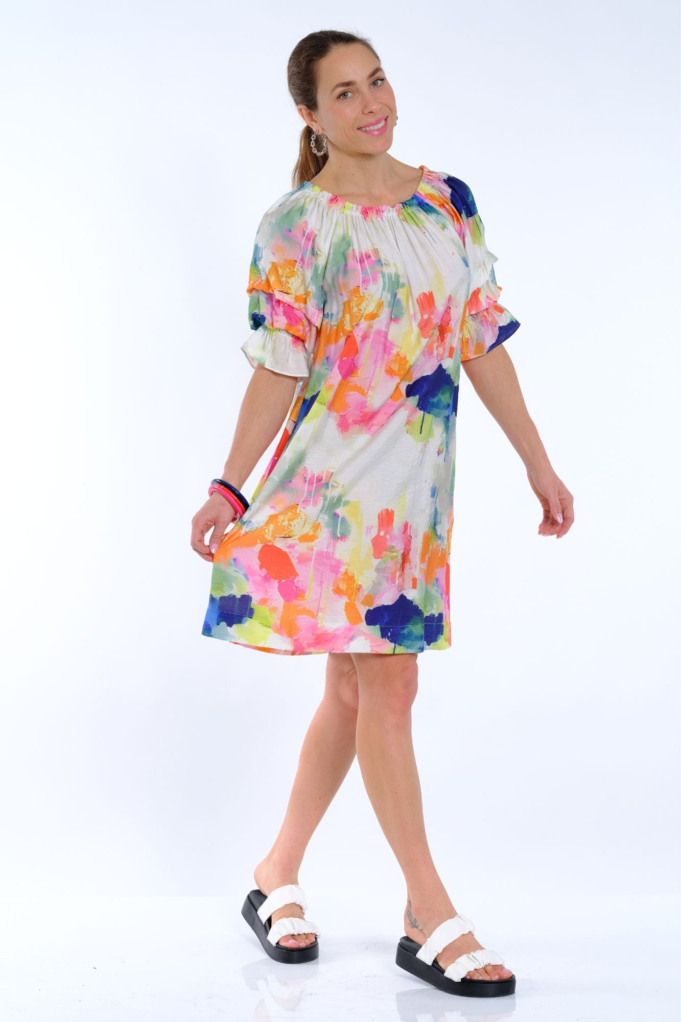 Casual knee length dress for women in pastel color with ruffle sleeves
