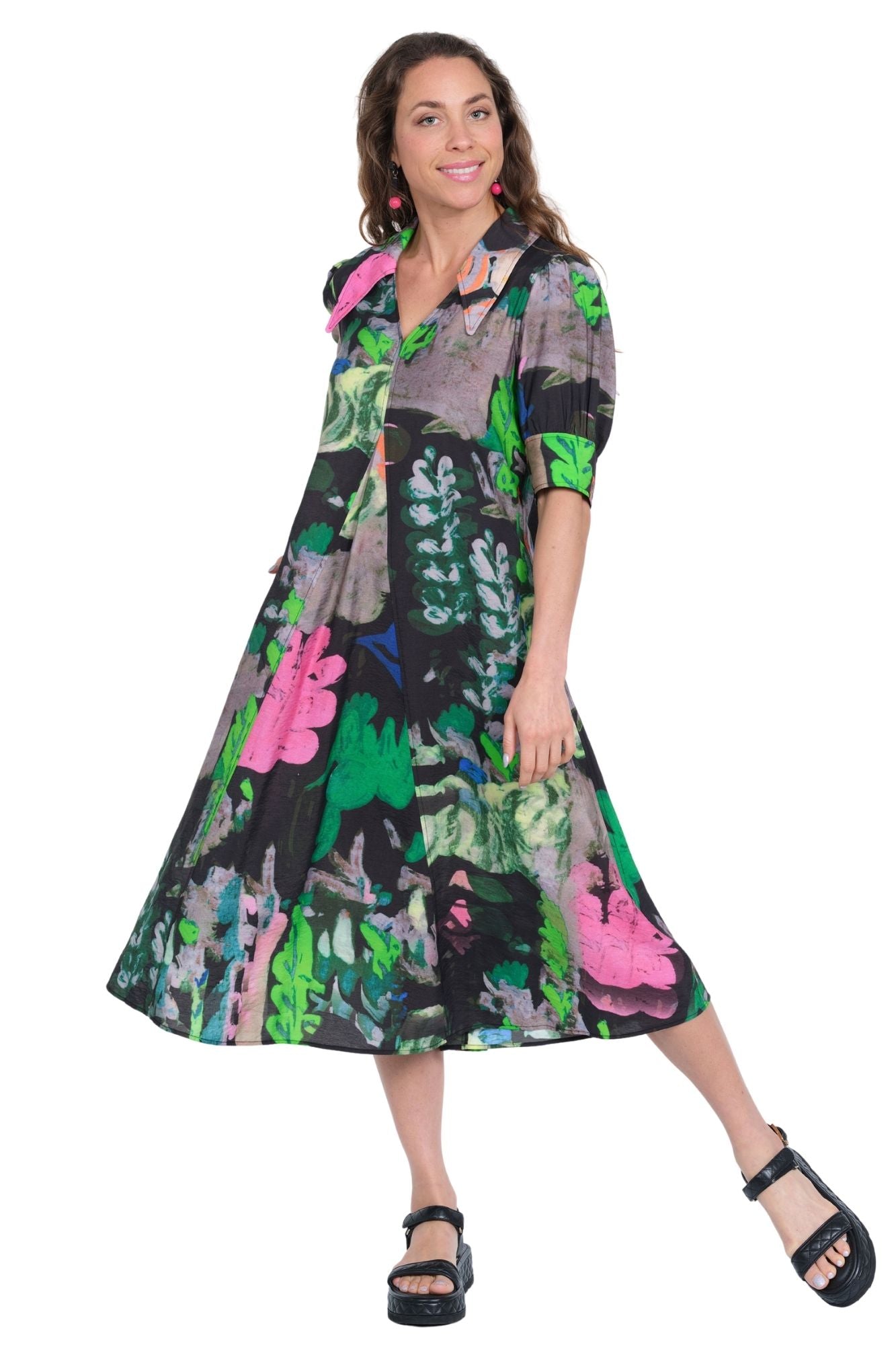 LIOR women's colorful floral midi dress with pointed collar and short puff sleeves