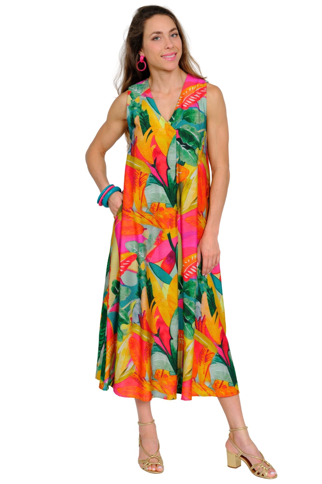 Jungle print midi dress for women stylish resort wear sleeveless dress