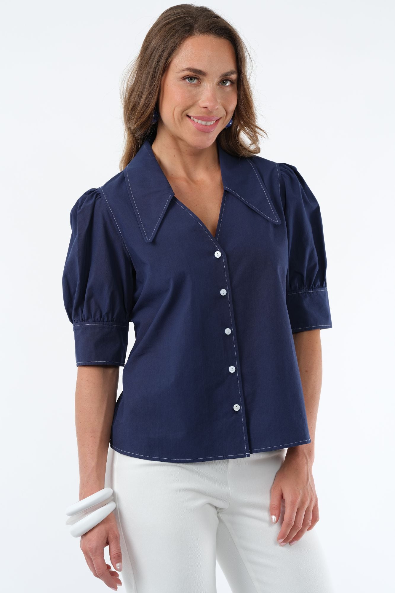 LIOR Women's Boyfriend Pointed Collar Short Sleeve Shirt - Blanche