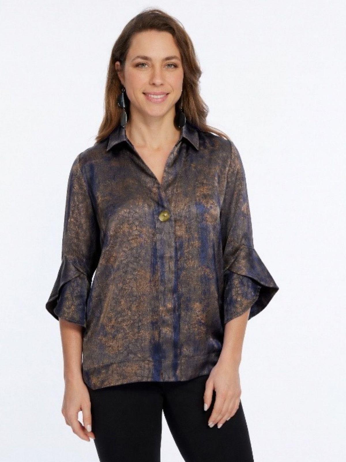 Women's Gold Foile 3/4 Tulip Sleeve Tunic Blouse With One Button Collar Neckline - "Belinda"