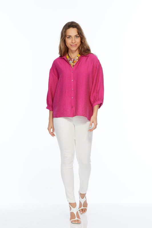 Women's Button Front Hot Pink Jacquard Blouse | BELLE LIOR