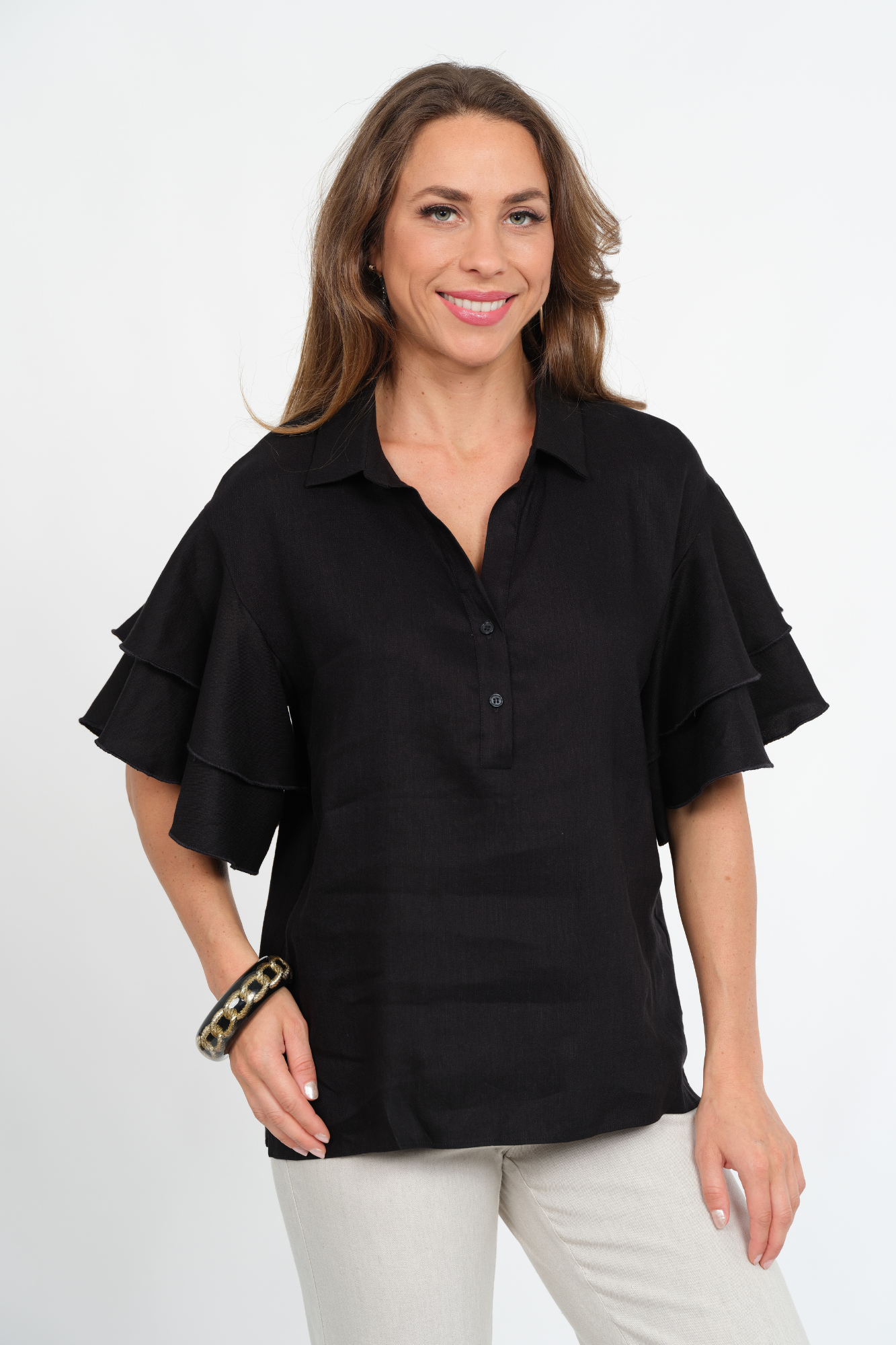LIOR Women's Black Short Flounce Sleeve Linen Top With Collar - "Harmony"