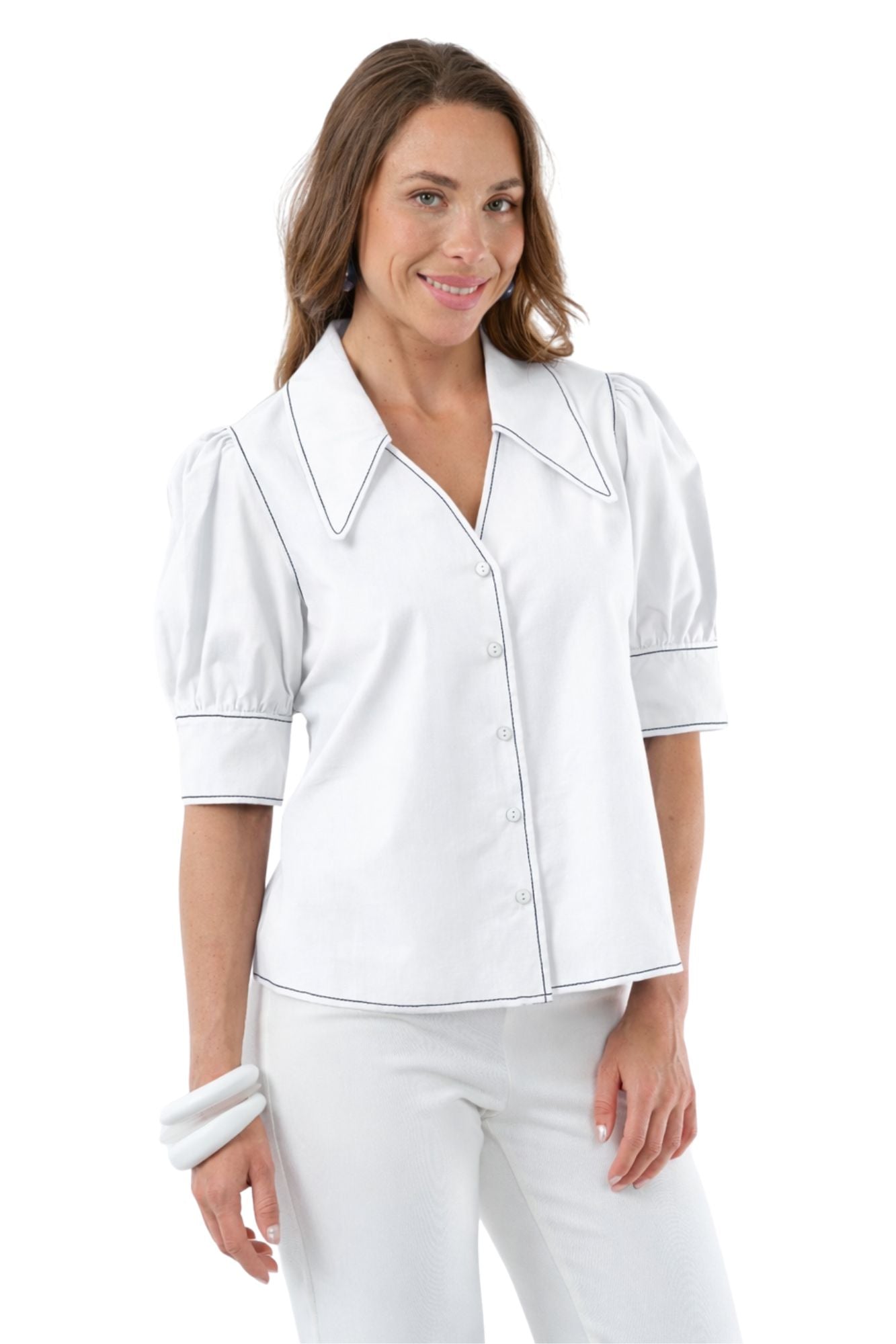 LIOR Women's White Boyfriend Pointed Collar Short Sleeve Shirt - Blanche