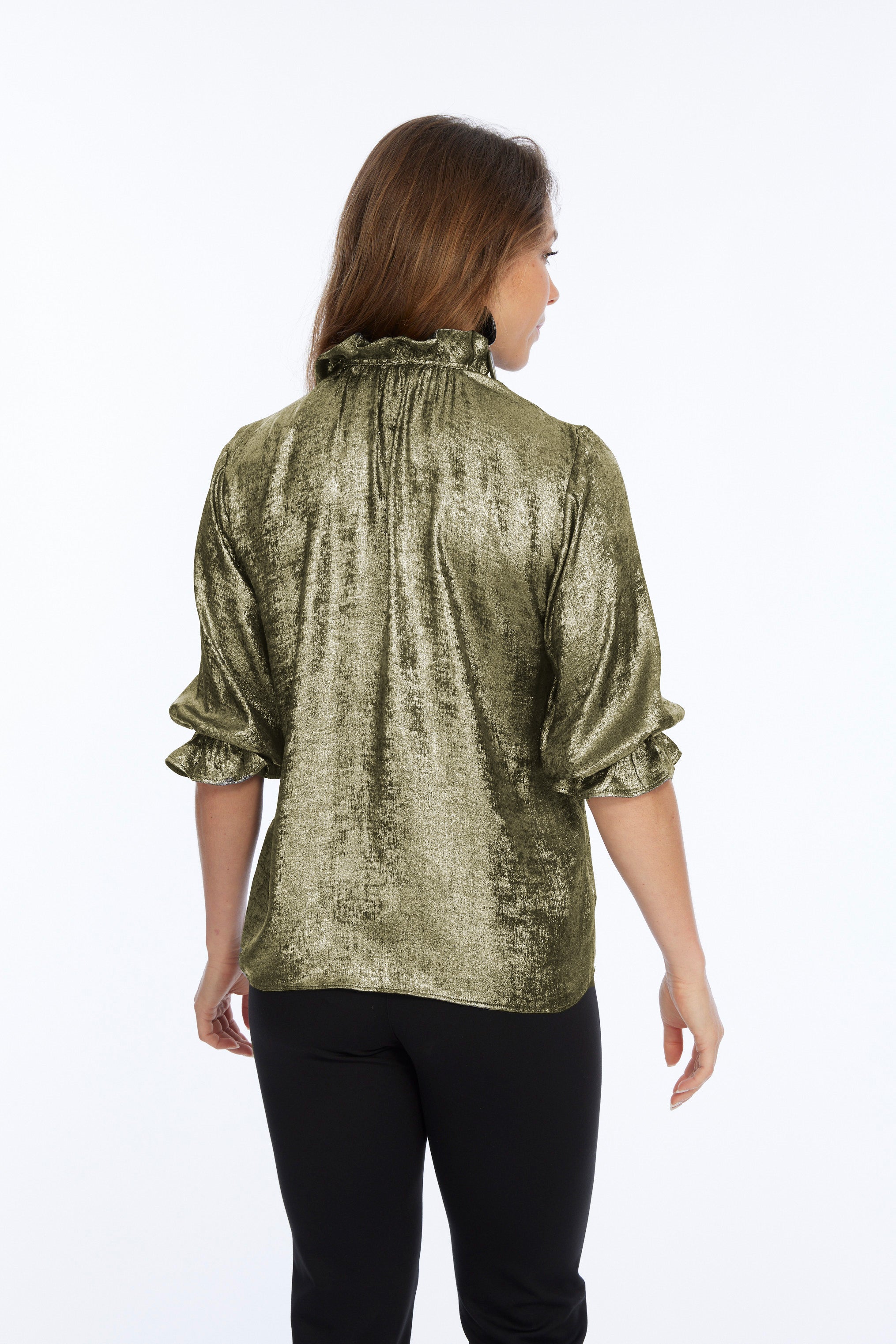 Women's Gold Ruffe Neck Metallic Blouse-"Blossom"