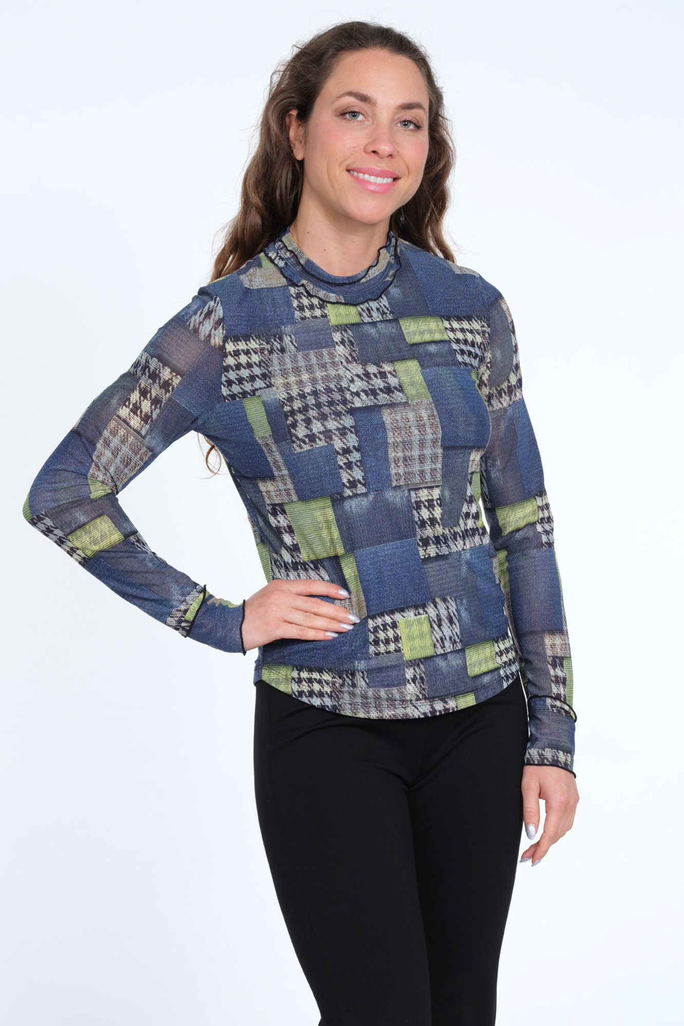 LIOR Women's Grey & Lime Mixed Media Mesh Long Sleeve Top With Ruffle Neck - "Cece"