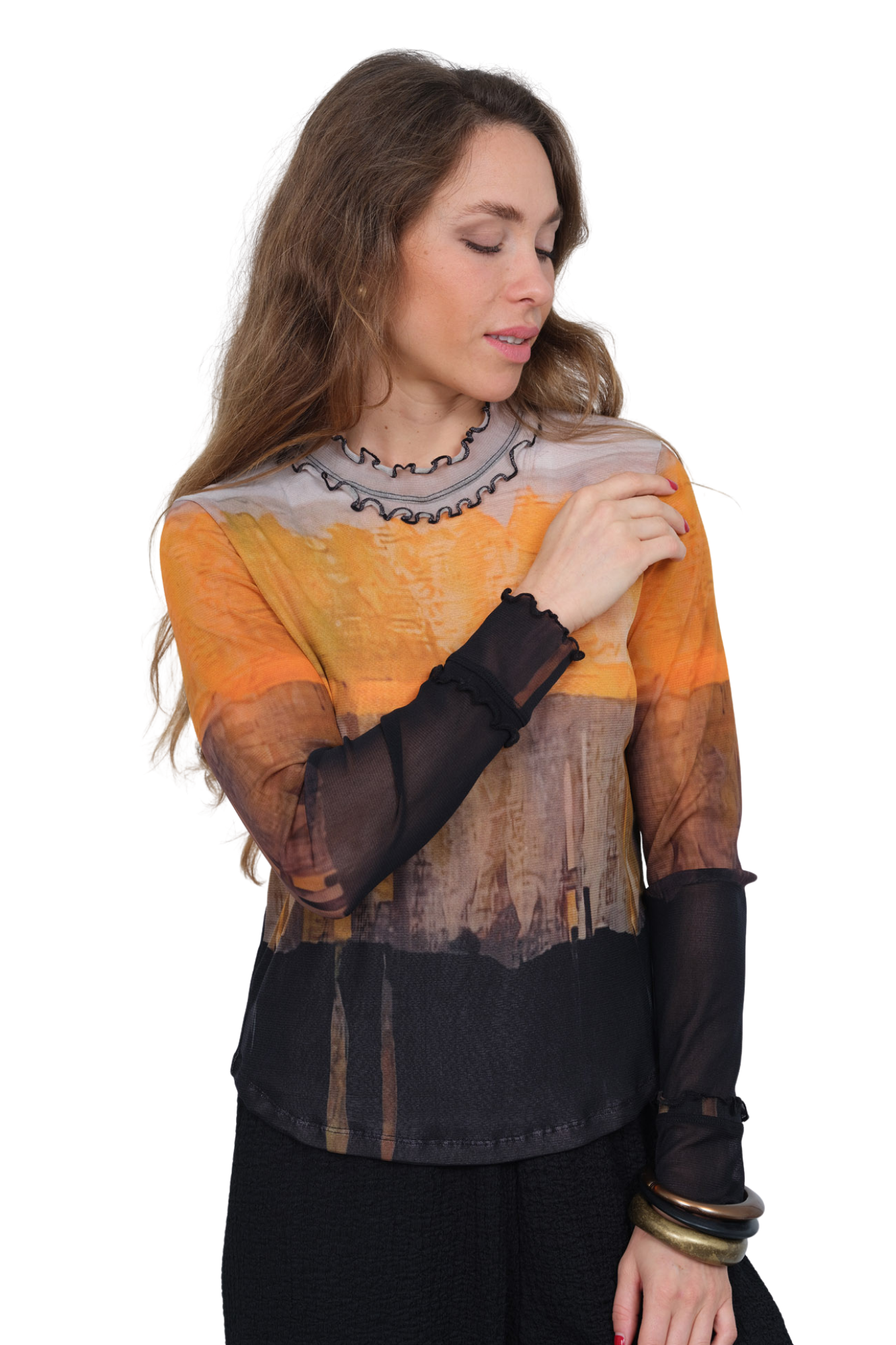 LIOR Women's Orange Abstract Sheer Print Long Sleeve Top - "Cece"