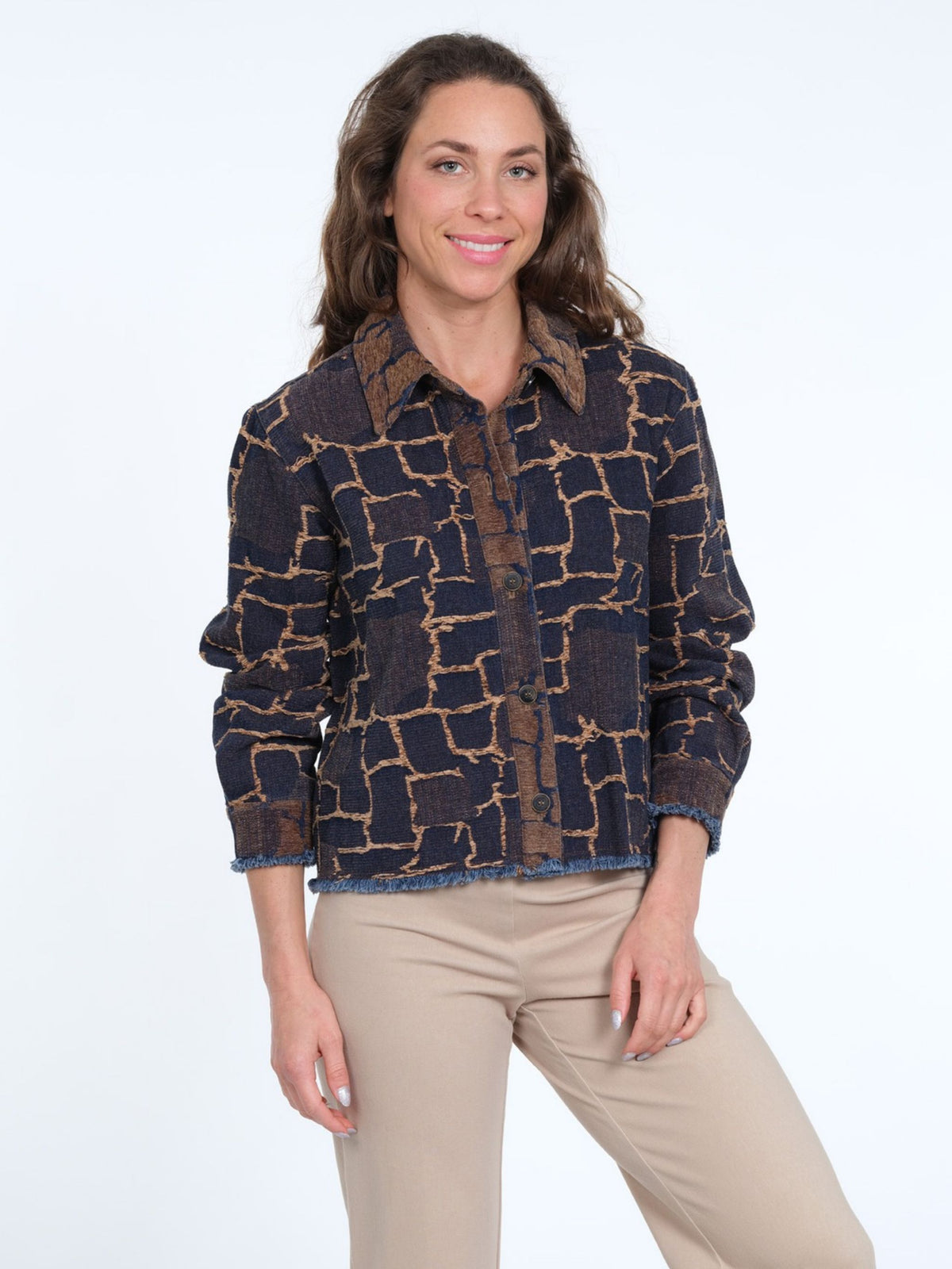Women's Taupe & Denim Button Front Tapestry Jacket With Collared Neckline - "Celeste"