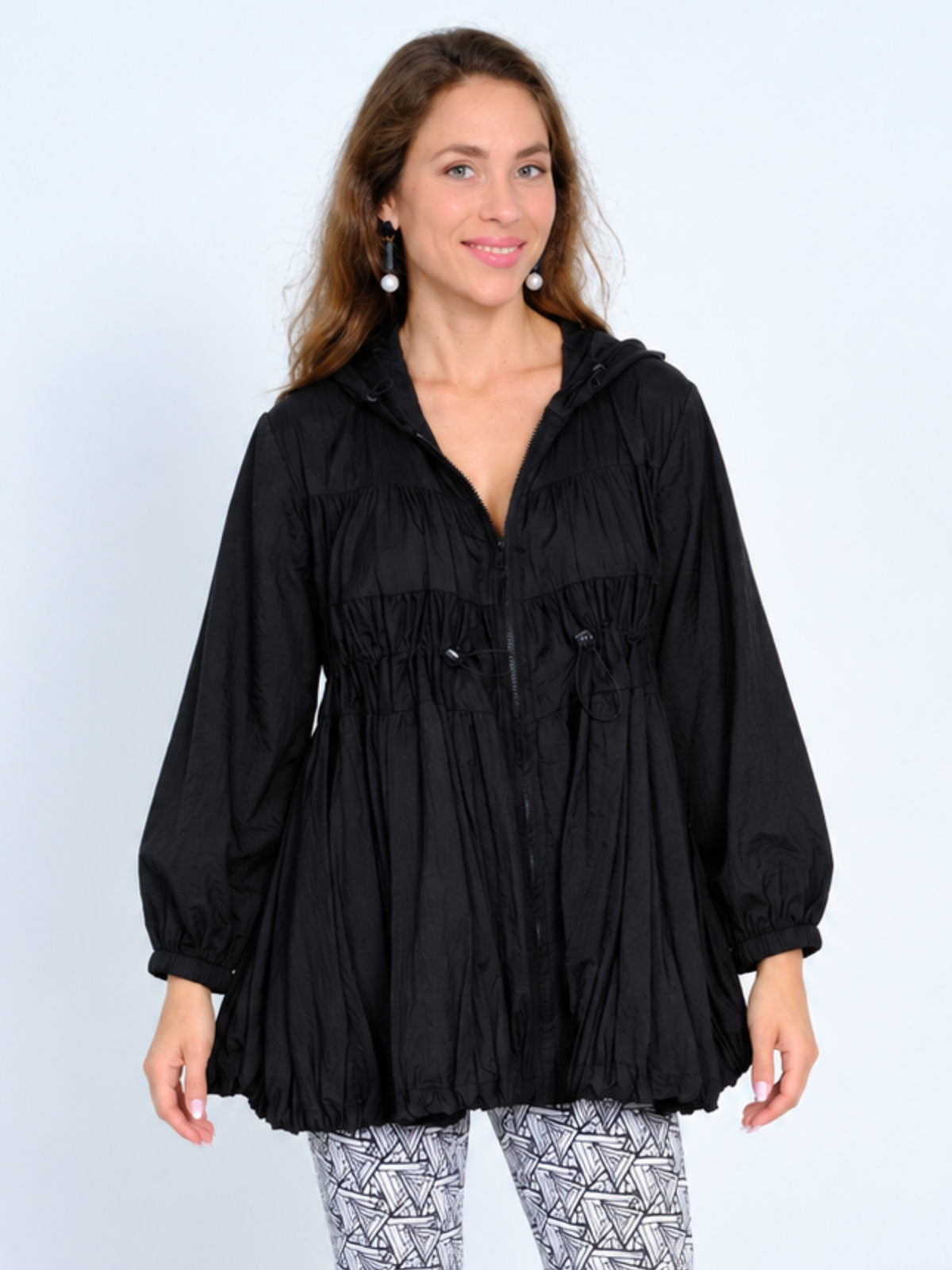 Women's Black Hooded Zip-Front Jacket with Gathered Tiers - "Chantal"