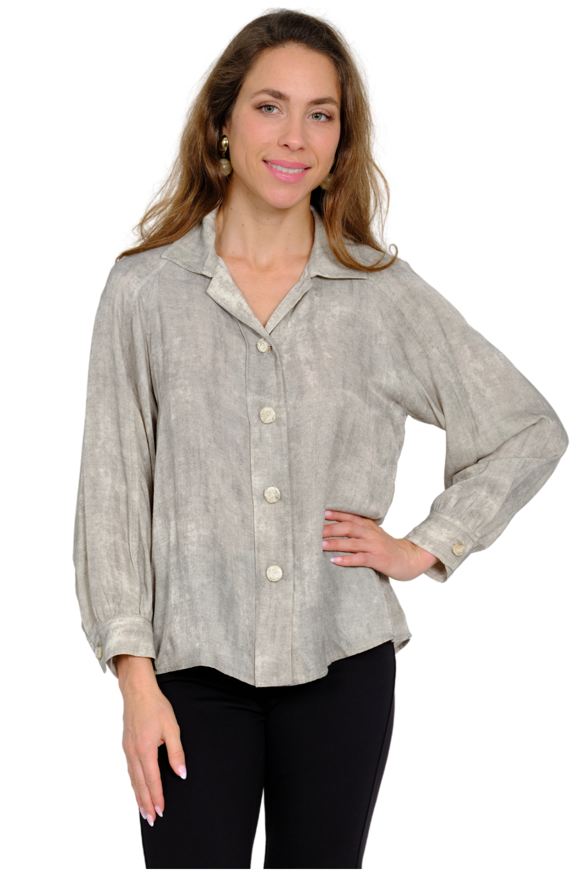 LIOR Women's Beige Button Front Blouse In Soft Textured Fabric - "Columbia"
