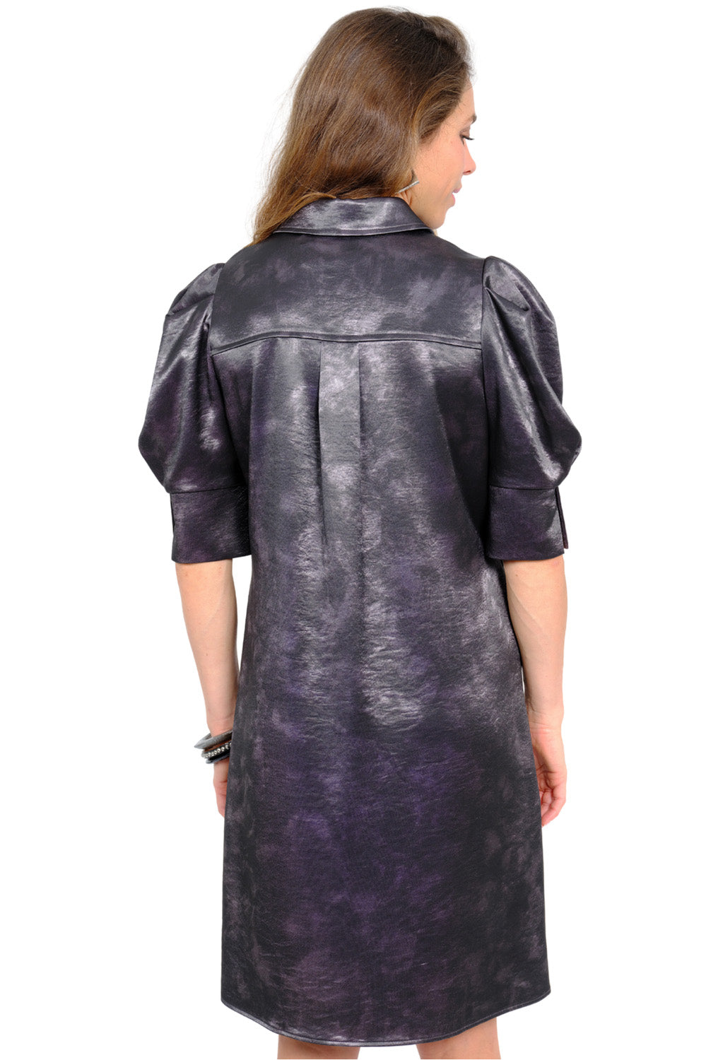 LIOR Women's Black Puff Sleeve Satin Dress Zipper Front - "Crema"