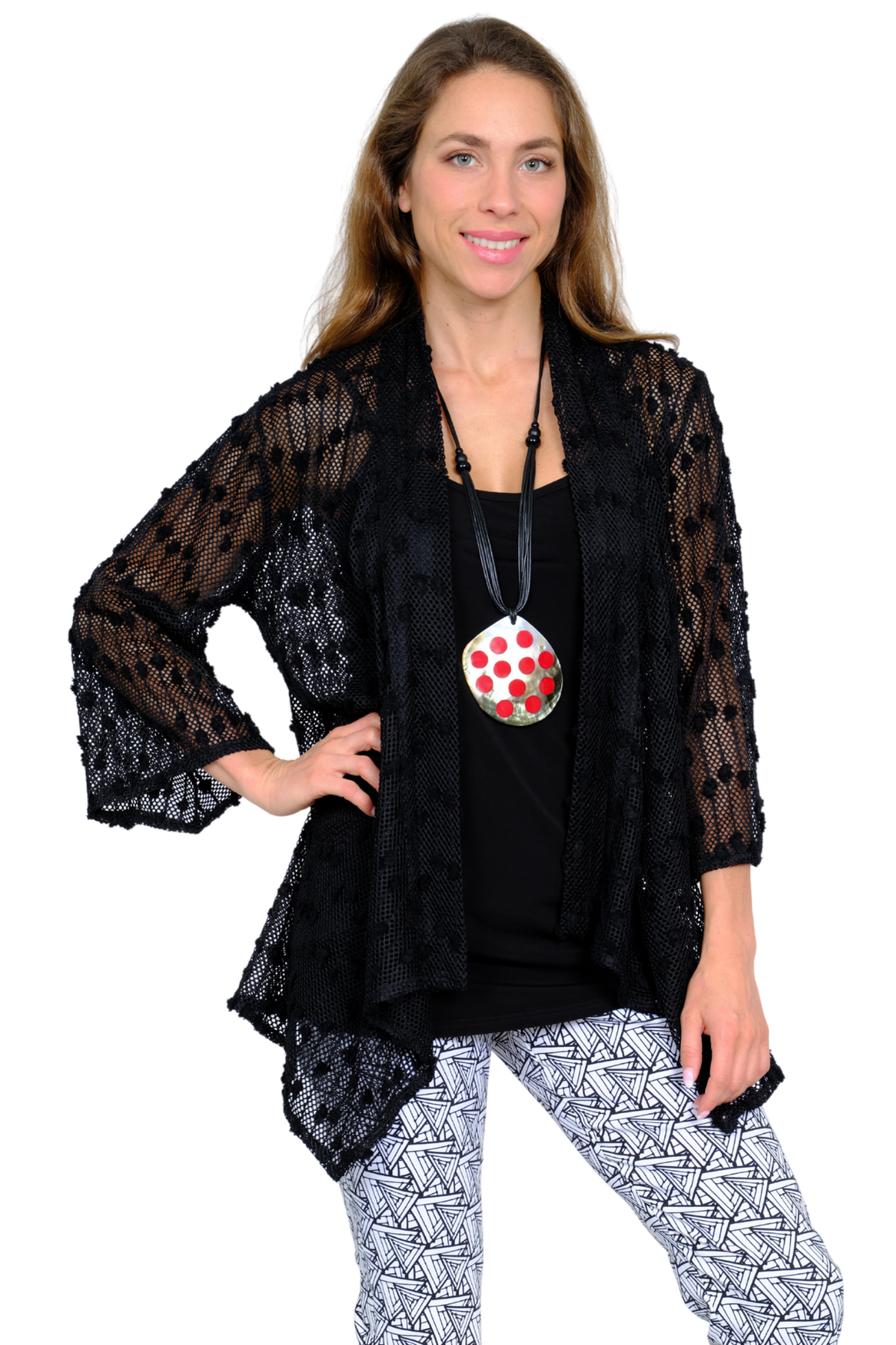 LIOR Women's Elegant Black Mesh Textured Cardigan