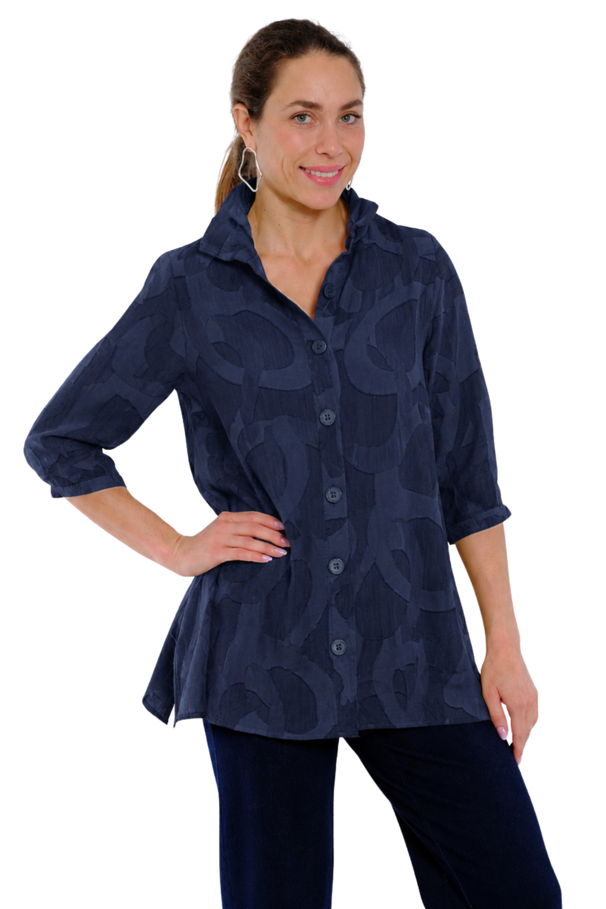LIOR Women's DORA Indigo Tunic Blouse with Wire Collar, Swirl Print and Long Sleeves