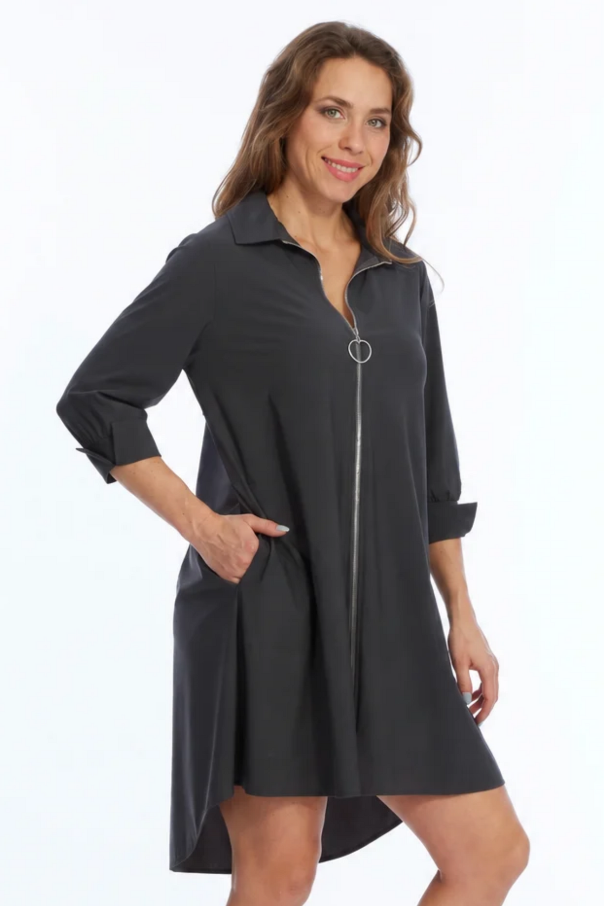 LIOR Women's Collared Zip Up Knee Length Dress 3/4 Sleeves - Delice