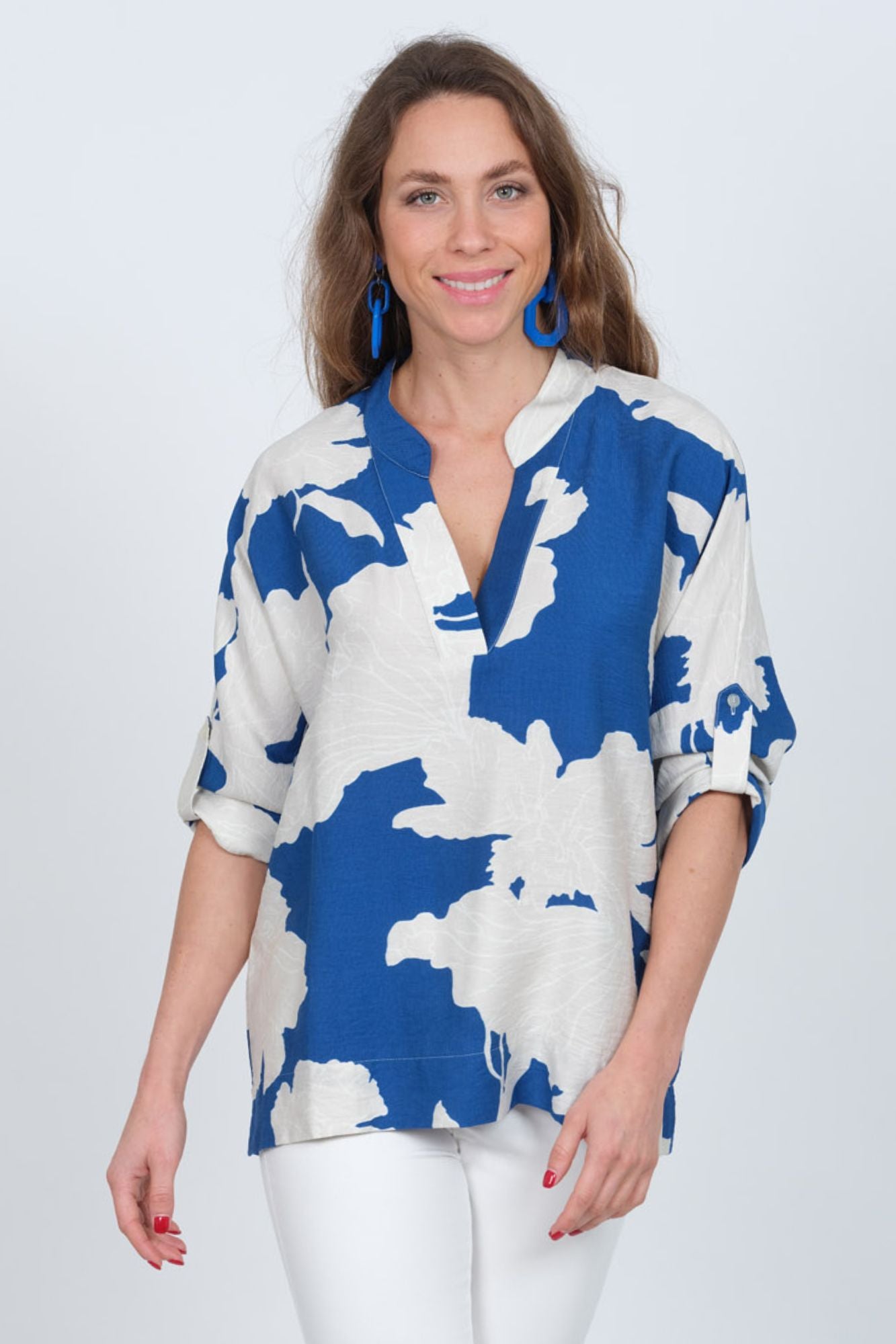 Women's Blue & White Banded Collar V-Neck 3/4 Roll Tab Sleeve Blouse  | Frida 125