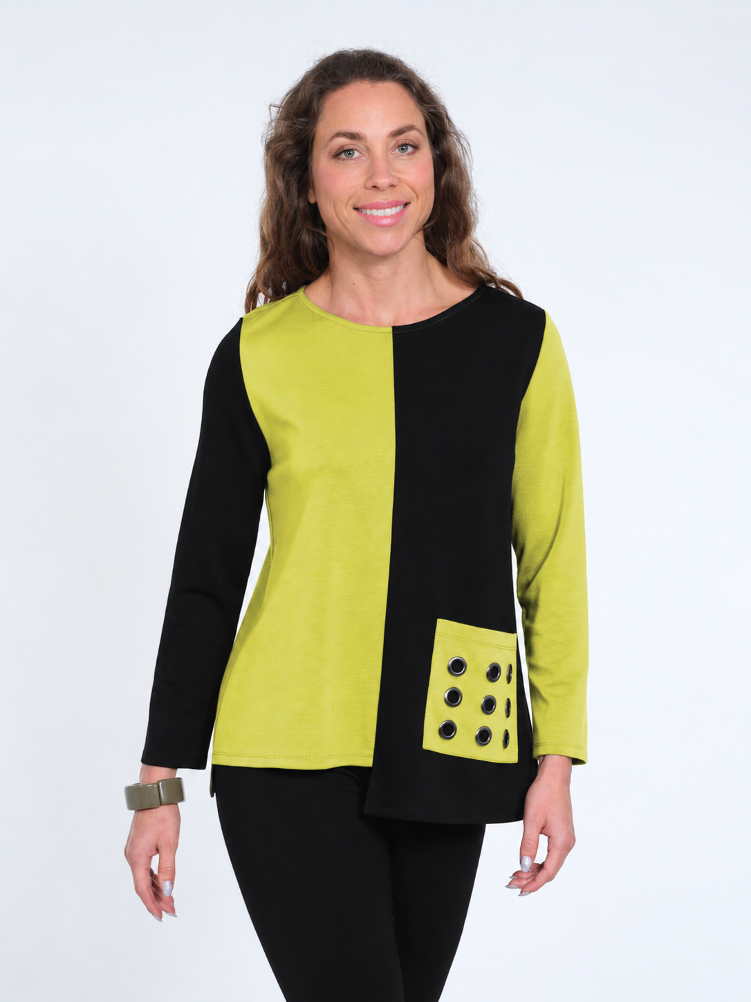 Women's Long Sleeve Knit Lime Color Block With Grommet Details & Side Pockets - "Ziva"