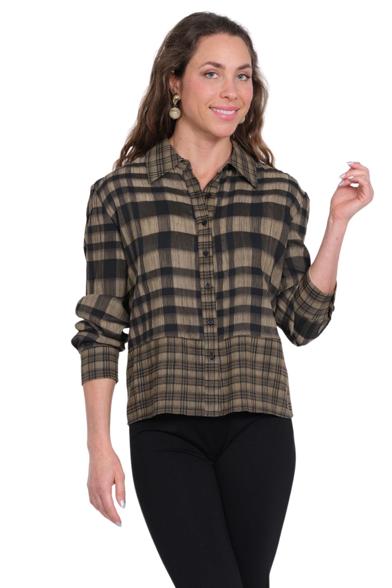 LIOR Women's Taupe Plaid Button Front Shirt with Black Check Pattern and Long Sleeves
