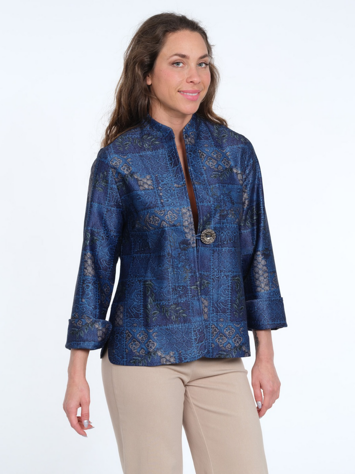 LIOR Women's Royal Blue Embroidered Jacket with 1-Button Front - "Geneva"