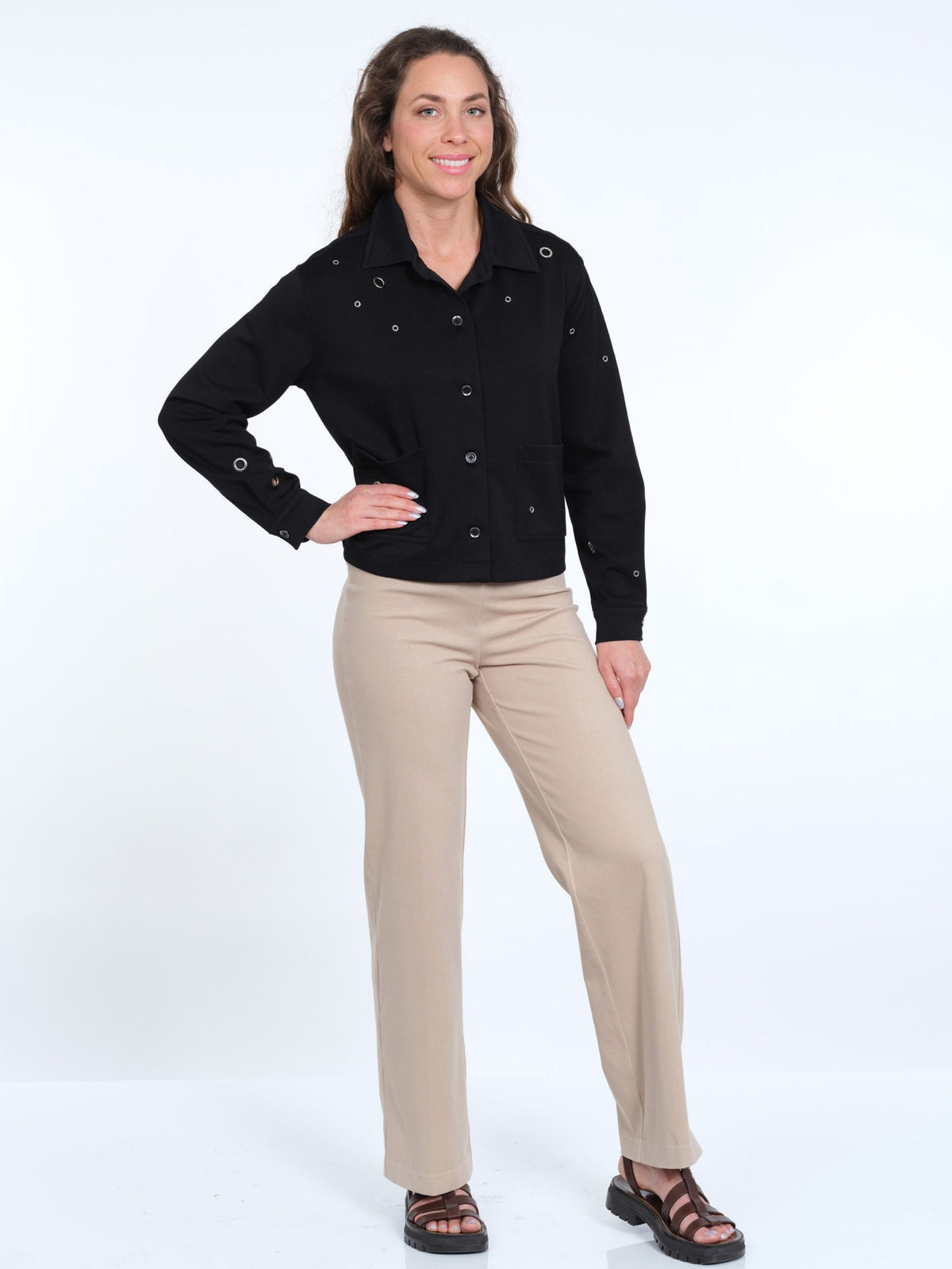Women's Black Soft Knit Grommet Detail Jacket - Button Front - Side Pockets - "Georgia"