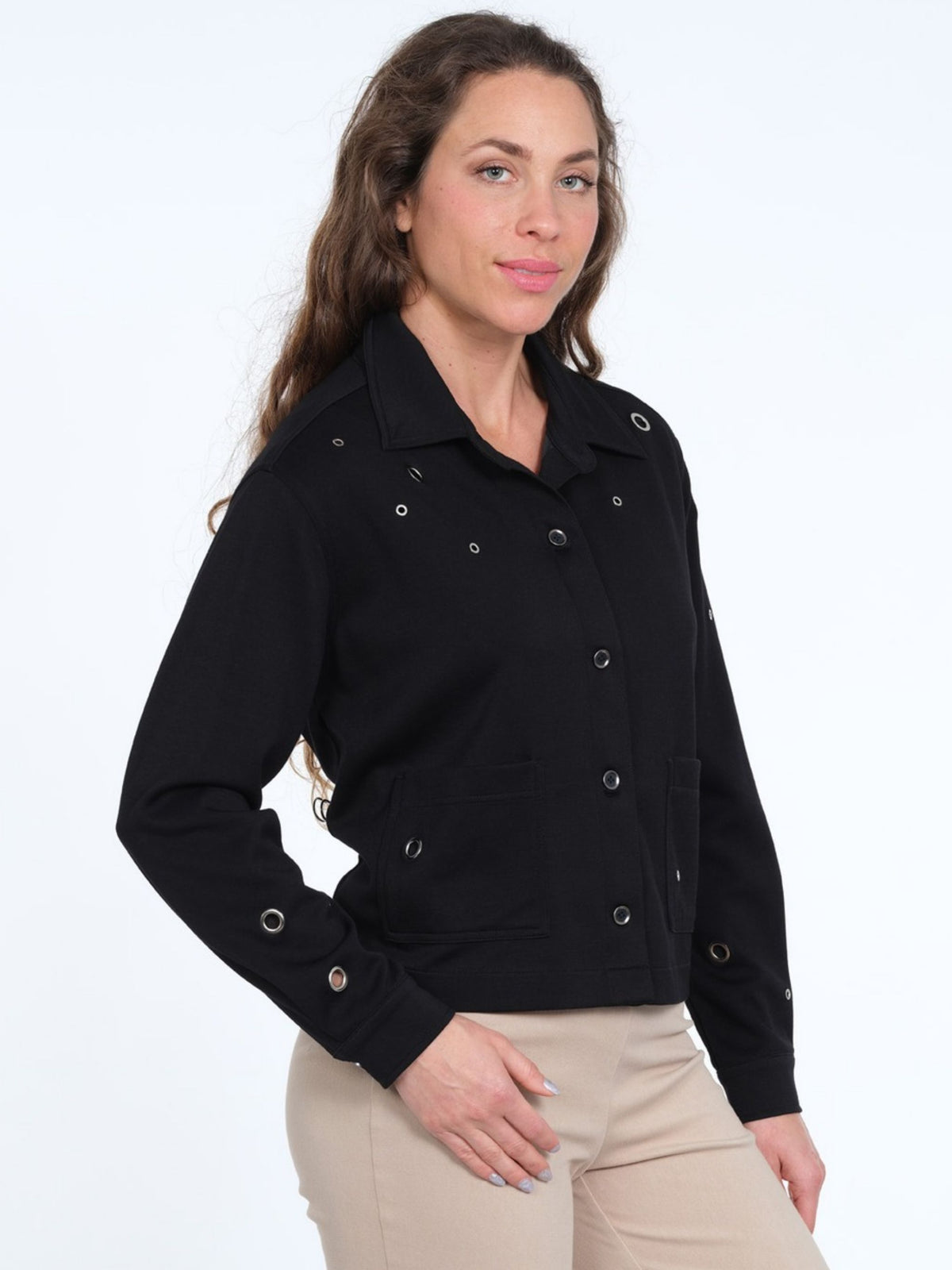 Women's Black Soft Knit Grommet Detail Jacket - Button Front - Side Pockets - "Georgia"