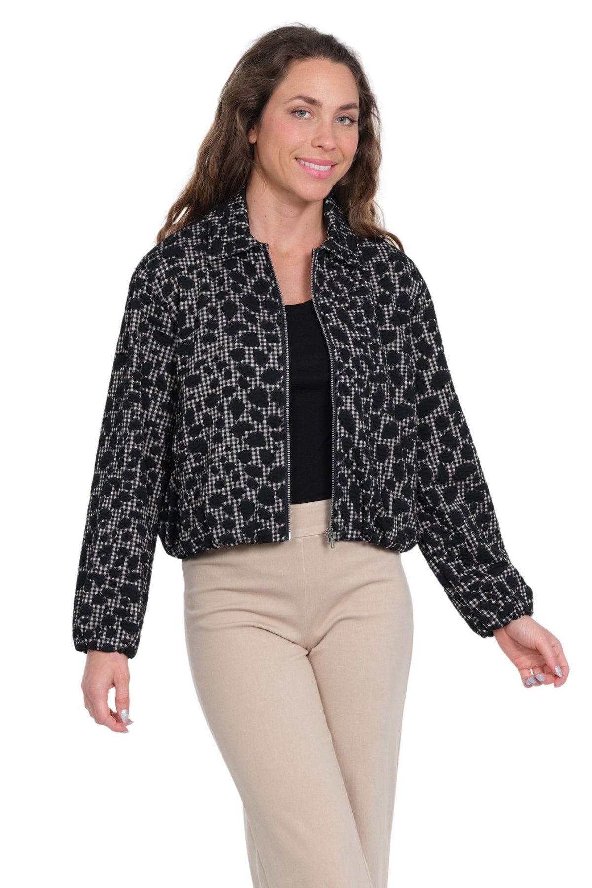 LIOR Women's Black Textured Zip Front Jacket with Collar - "Gigi"