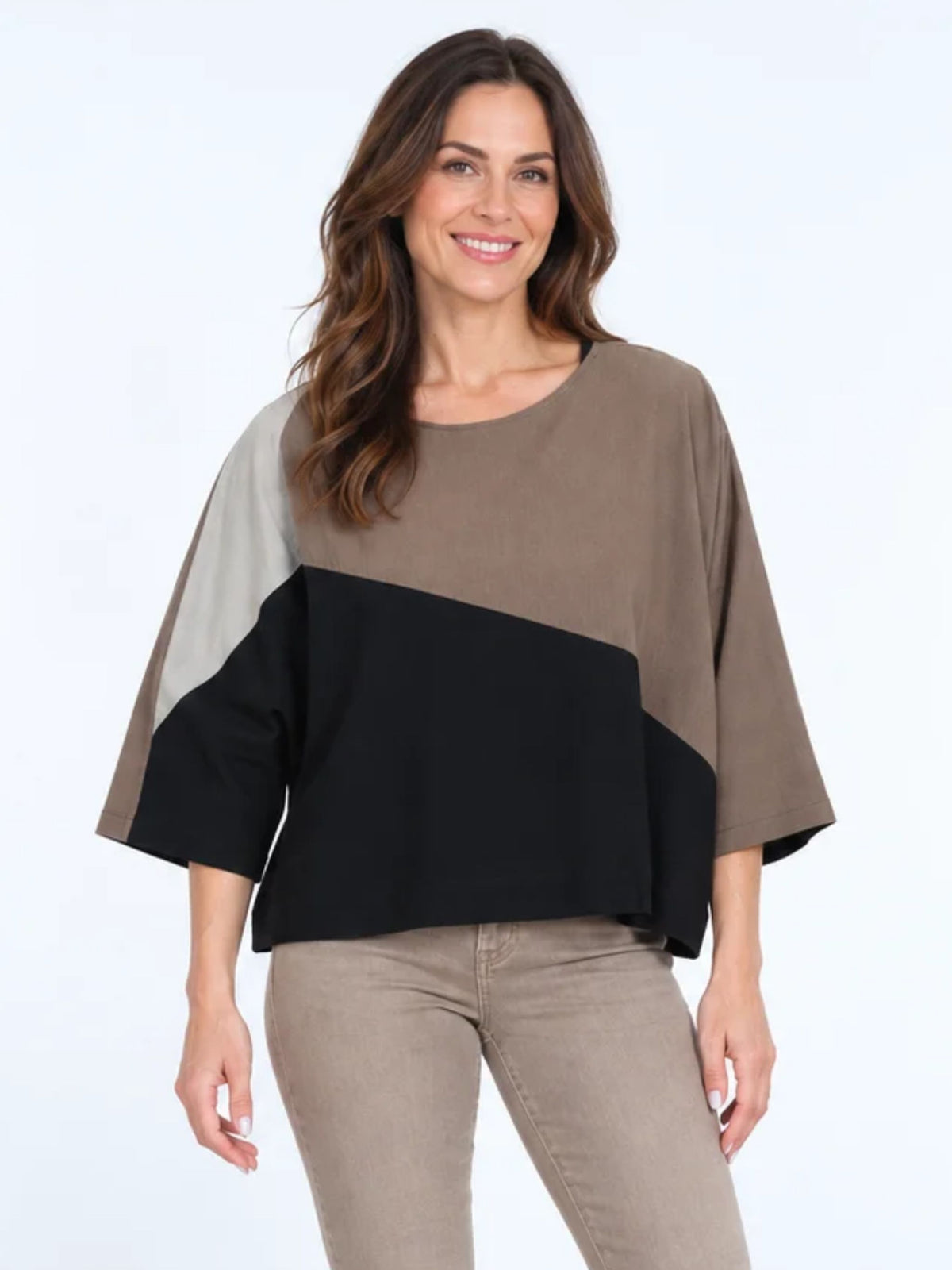 Women's Black & Taupe Color Block One Size Tunic Top - Flowy & Fits All - "Grace"