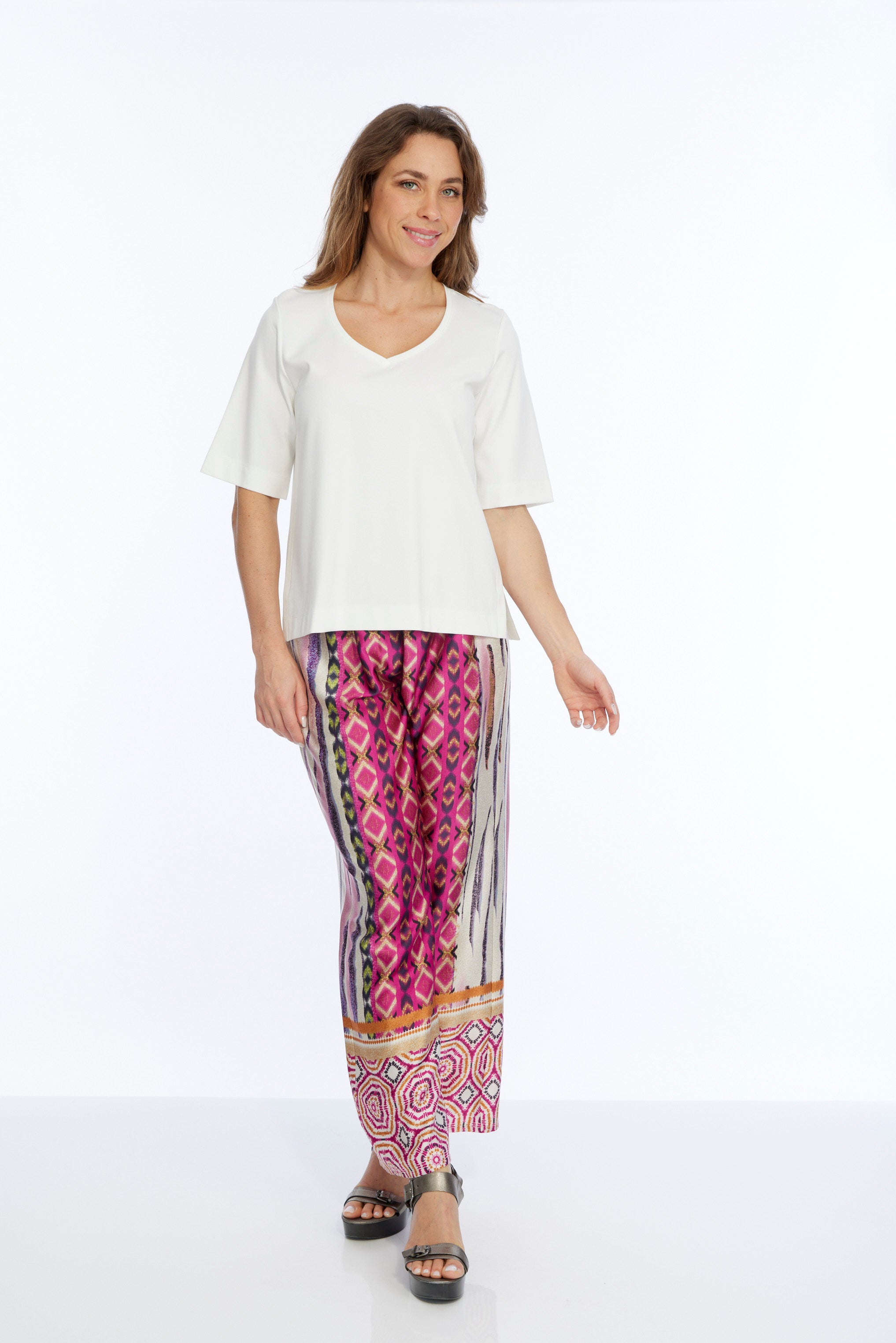 Women's vibrant tribal pull-on wide leg pant with colorful patterns and a relaxed fit