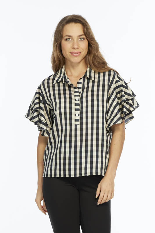 Ruffle Short Sleeve Top Plaid Black Print | Harmony LIOR
