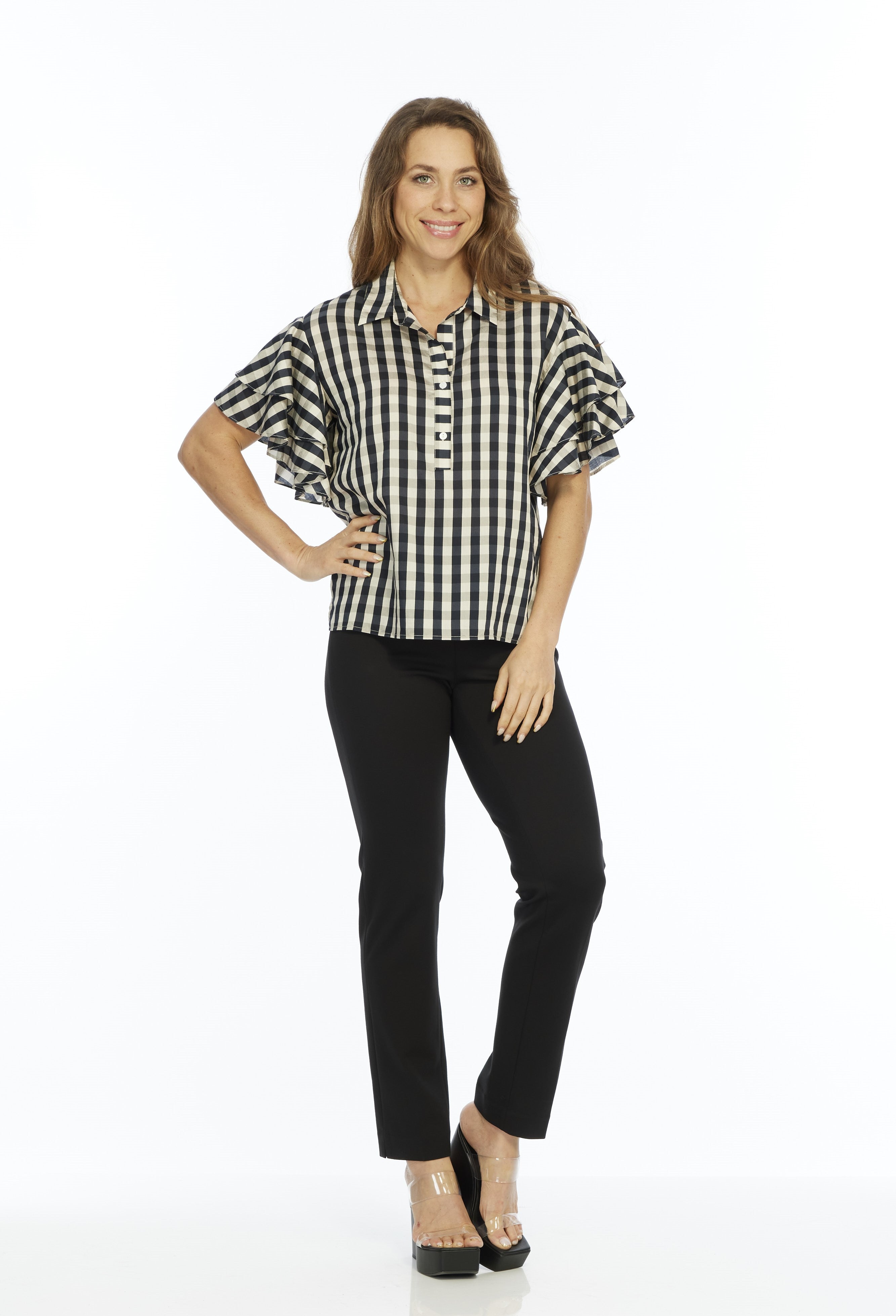 Ruffle Short Sleeve Top Plaid Black Print | Harmony LIOR