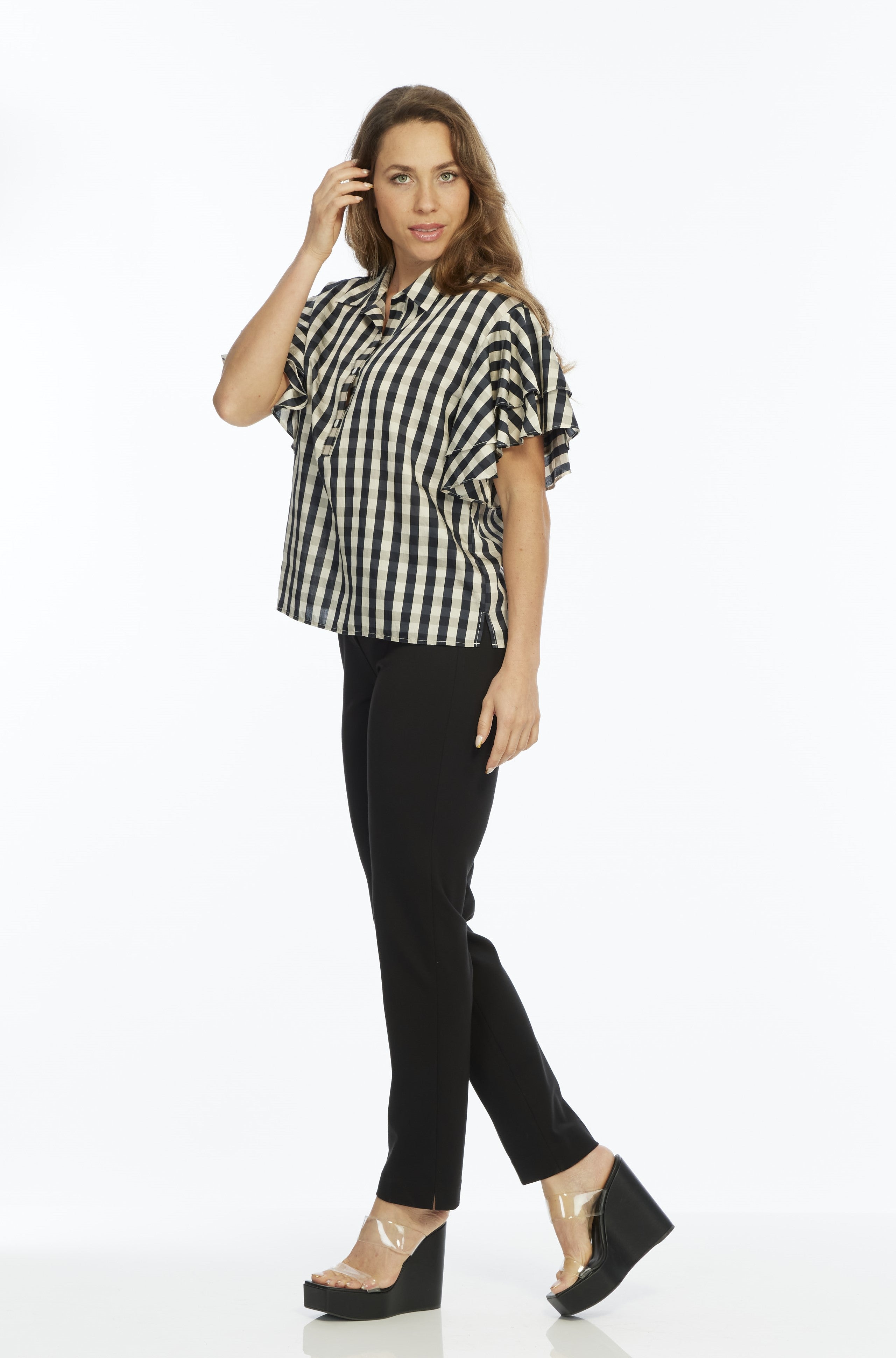 Ruffle Short Sleeve Top Plaid Black Print | Harmony LIOR