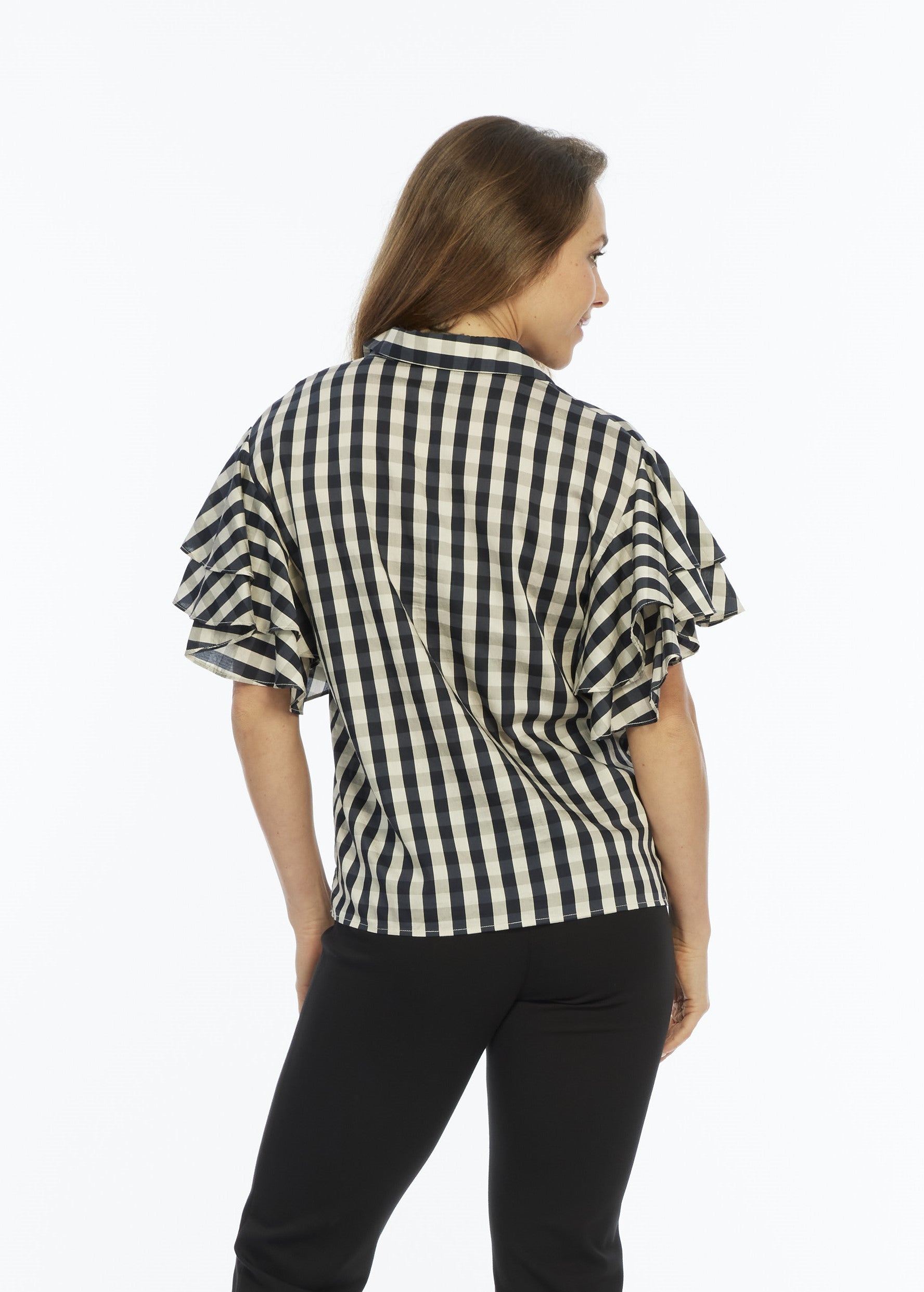 Ruffle Short Sleeve Top Plaid Black Print | Harmony LIOR