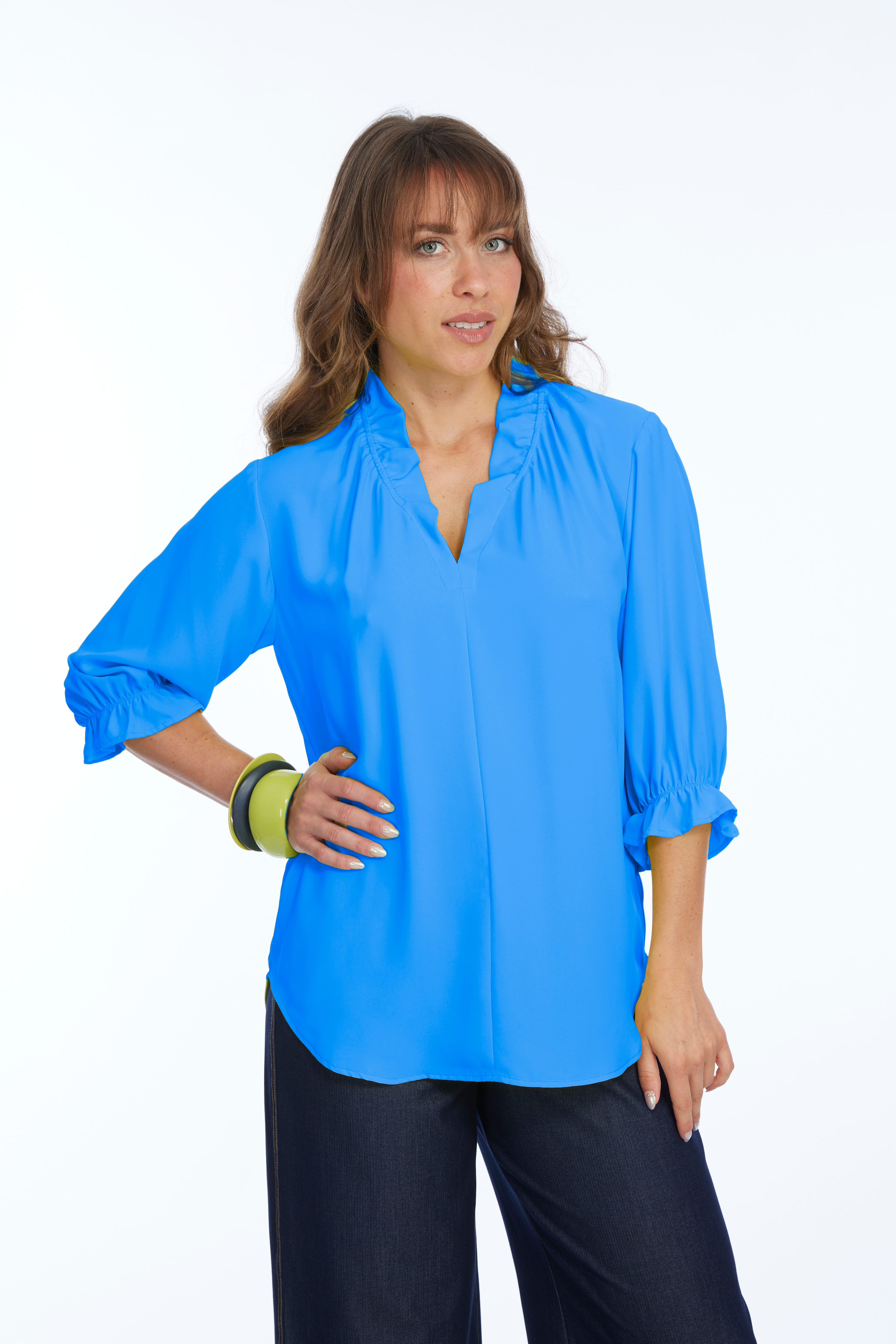 Women's 3/4 Ruffle Sleeve & V-Neck Blouse -  Turquiose | Harper LIOR