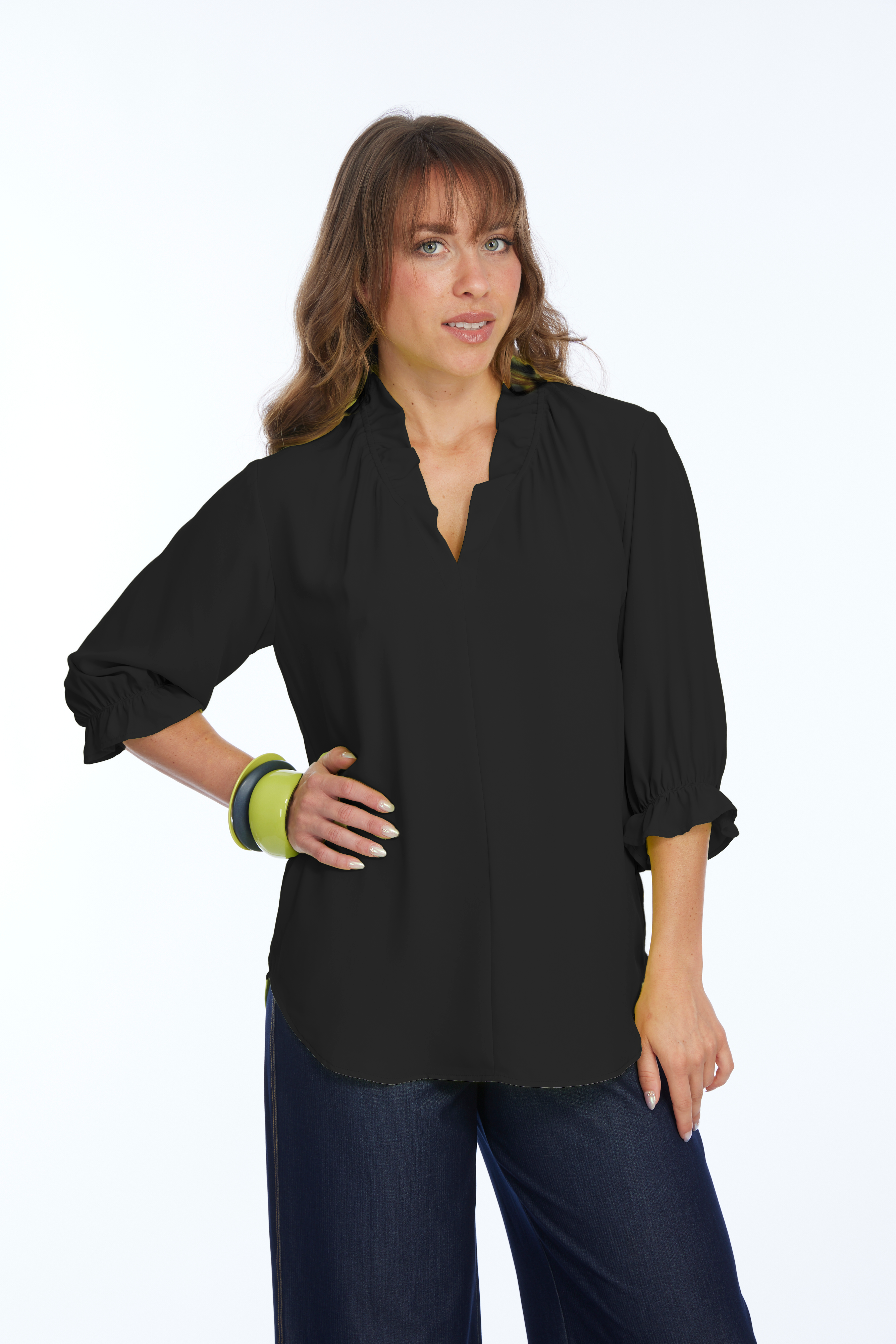 Women's 3/4 Ruffle Sleeve & V-Neck Blouse - Black | Harper LIOR