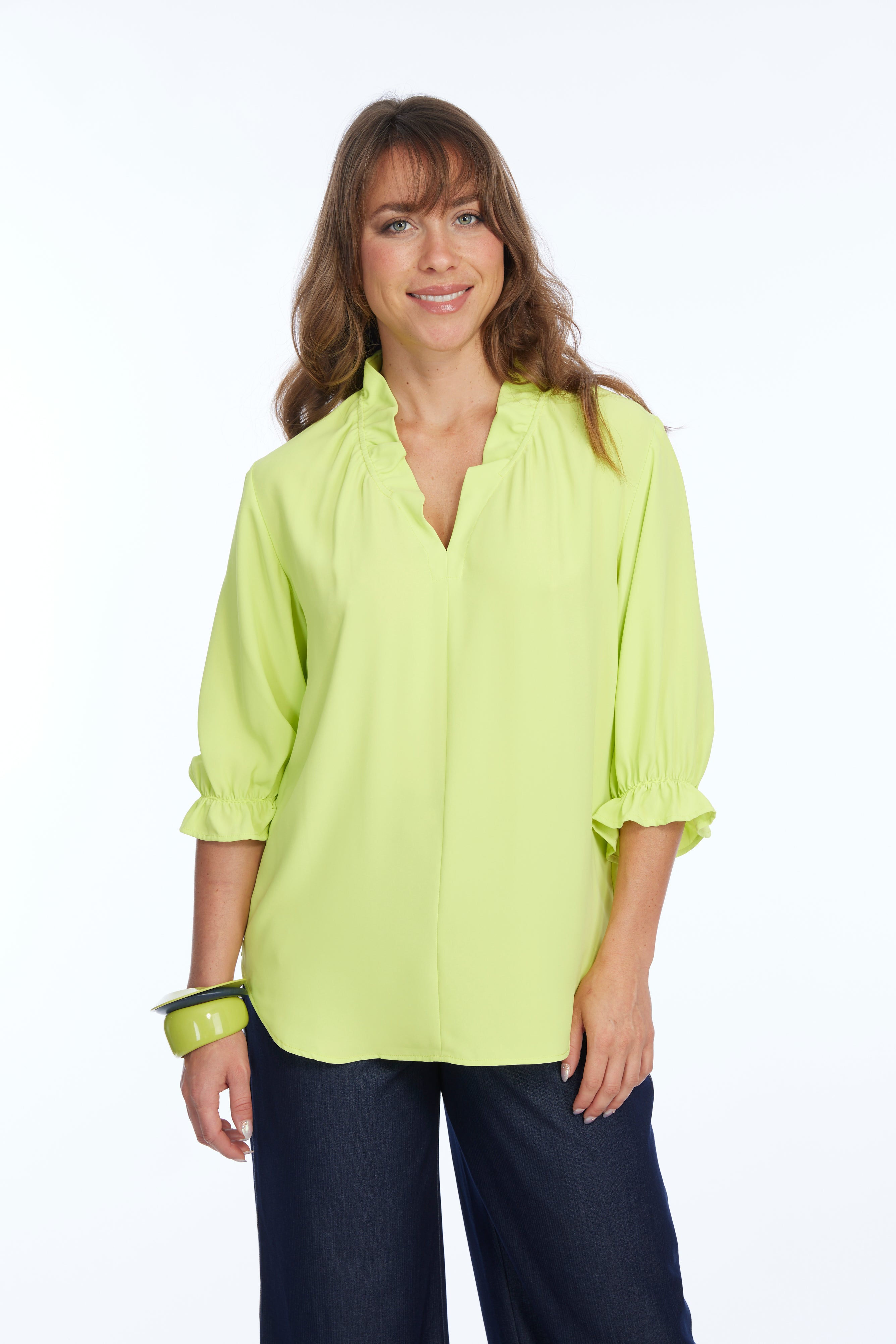 Women's 3/4 Ruffle Sleeve & V-Neck Blouse - Lime | Harper LIOR