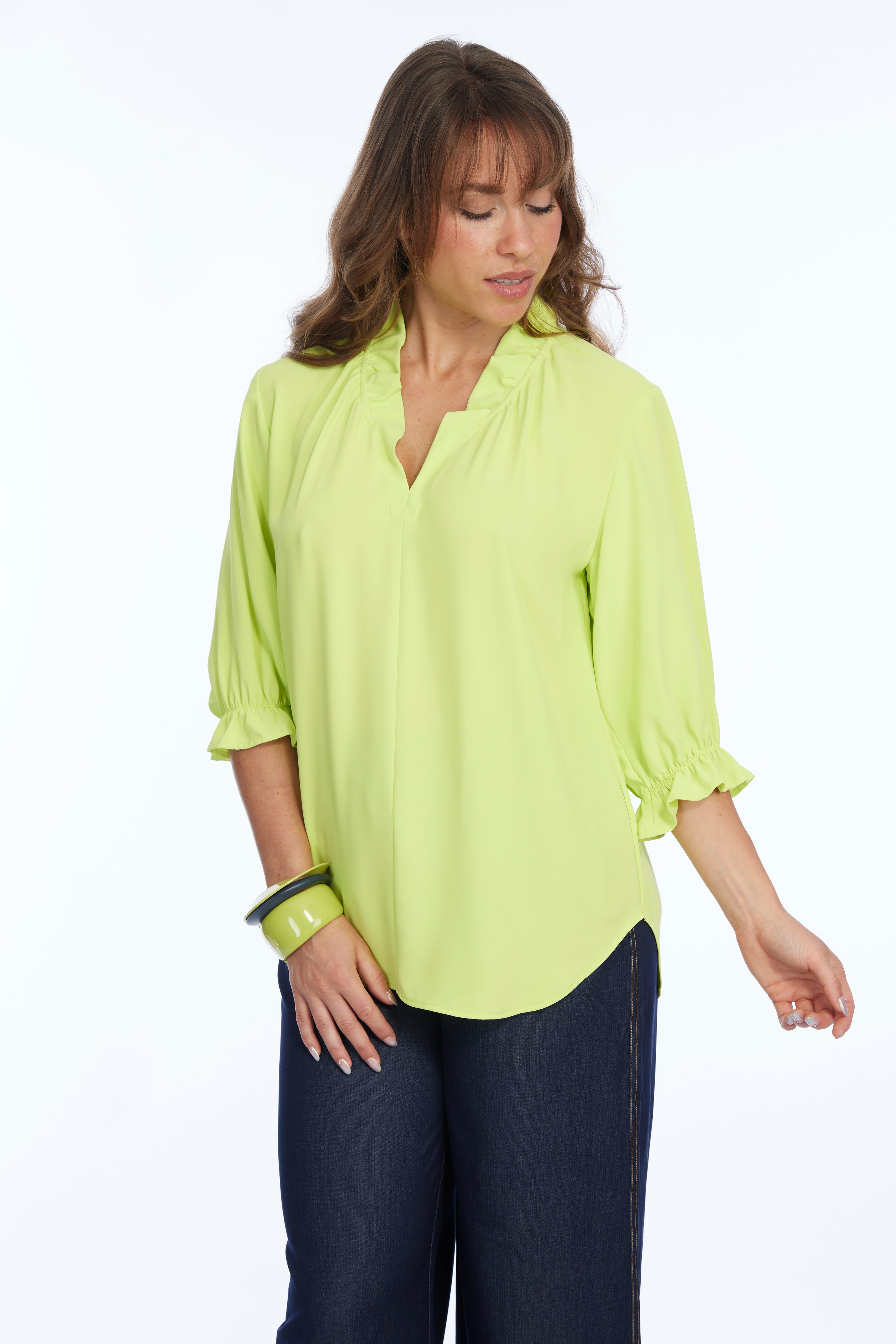Women's 3/4 Ruffle Sleeve & V-Neck Blouse - Lime | Harper LIOR