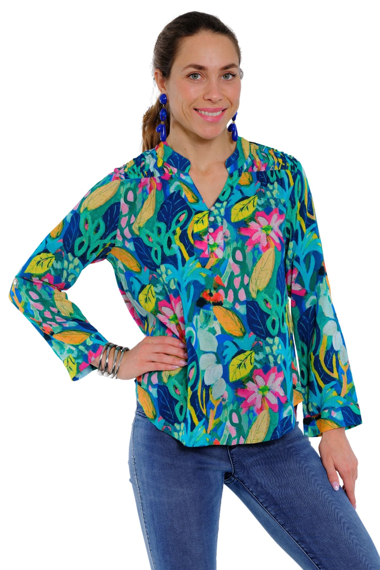 LIOR Women’s Ocean Reef Printed Long Sleeve Pull Over Blouse - "Joelle"