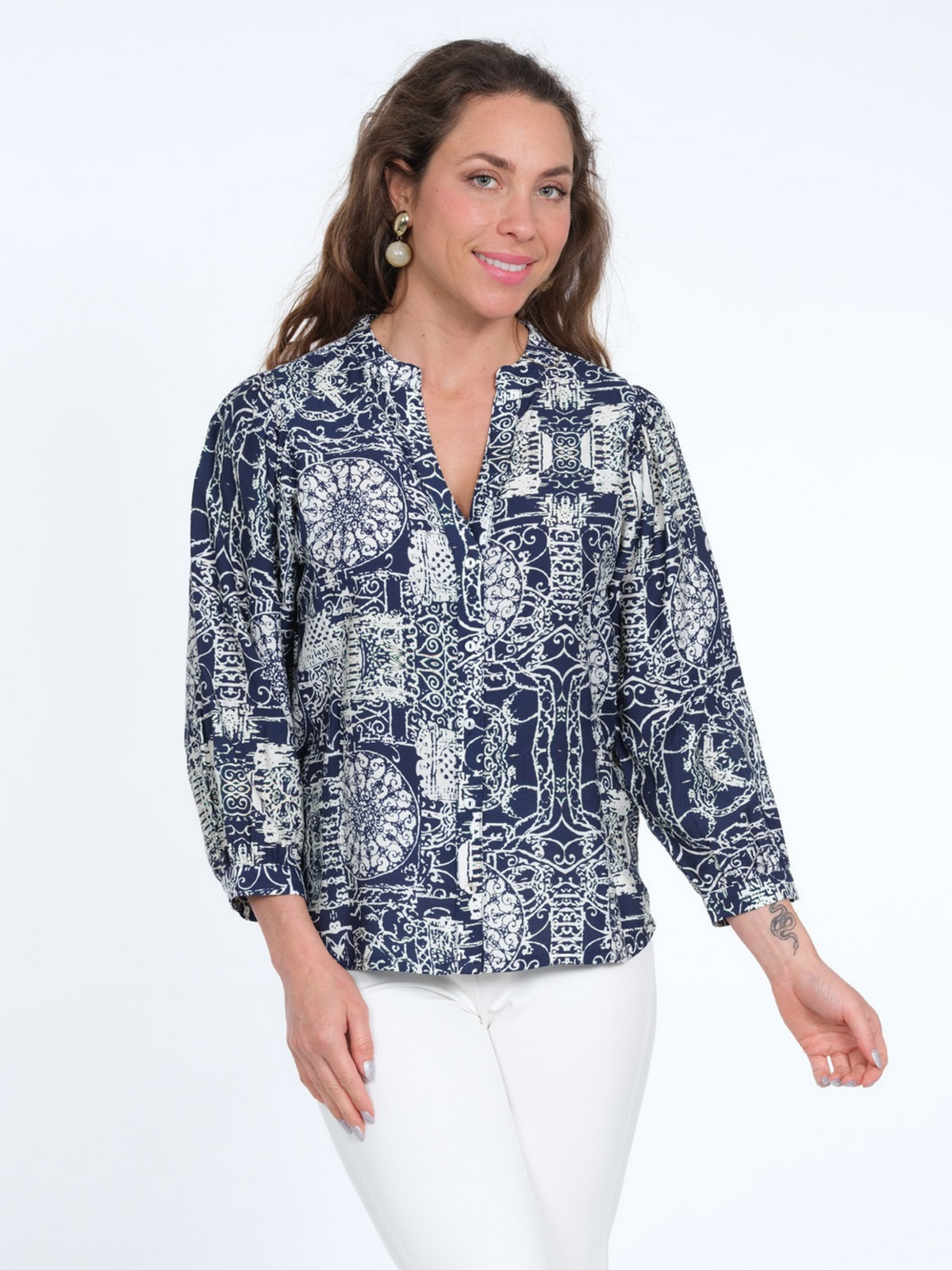 Women's Navy & White Medallion Print Blouse Ft 3/4 Sleeves & Split V Neck - "Joni"