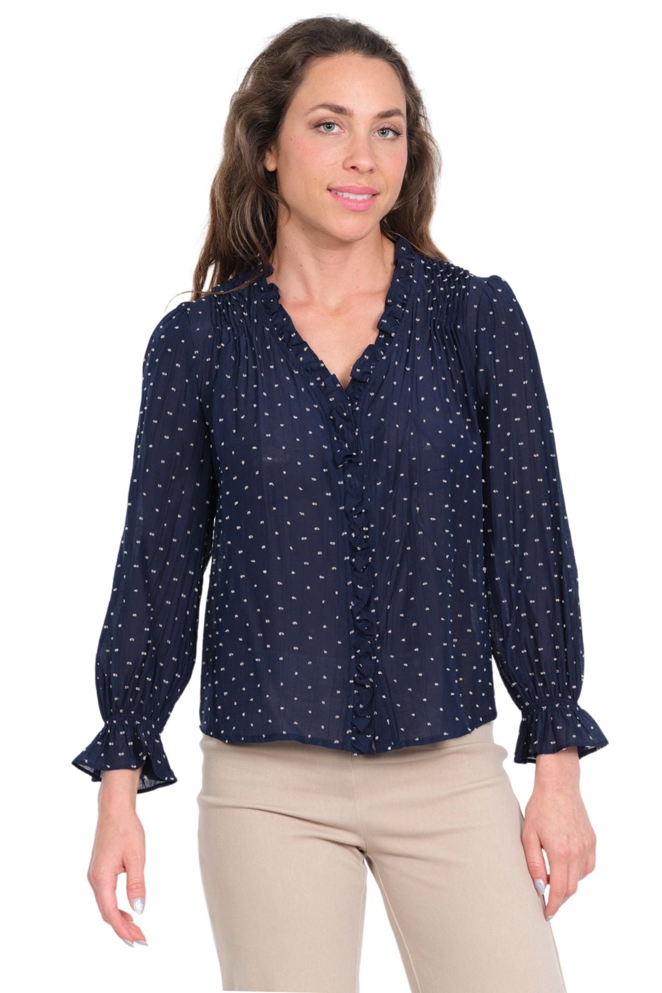 LIOR women's navy polka dot blouse with button front and ruffle cuffs