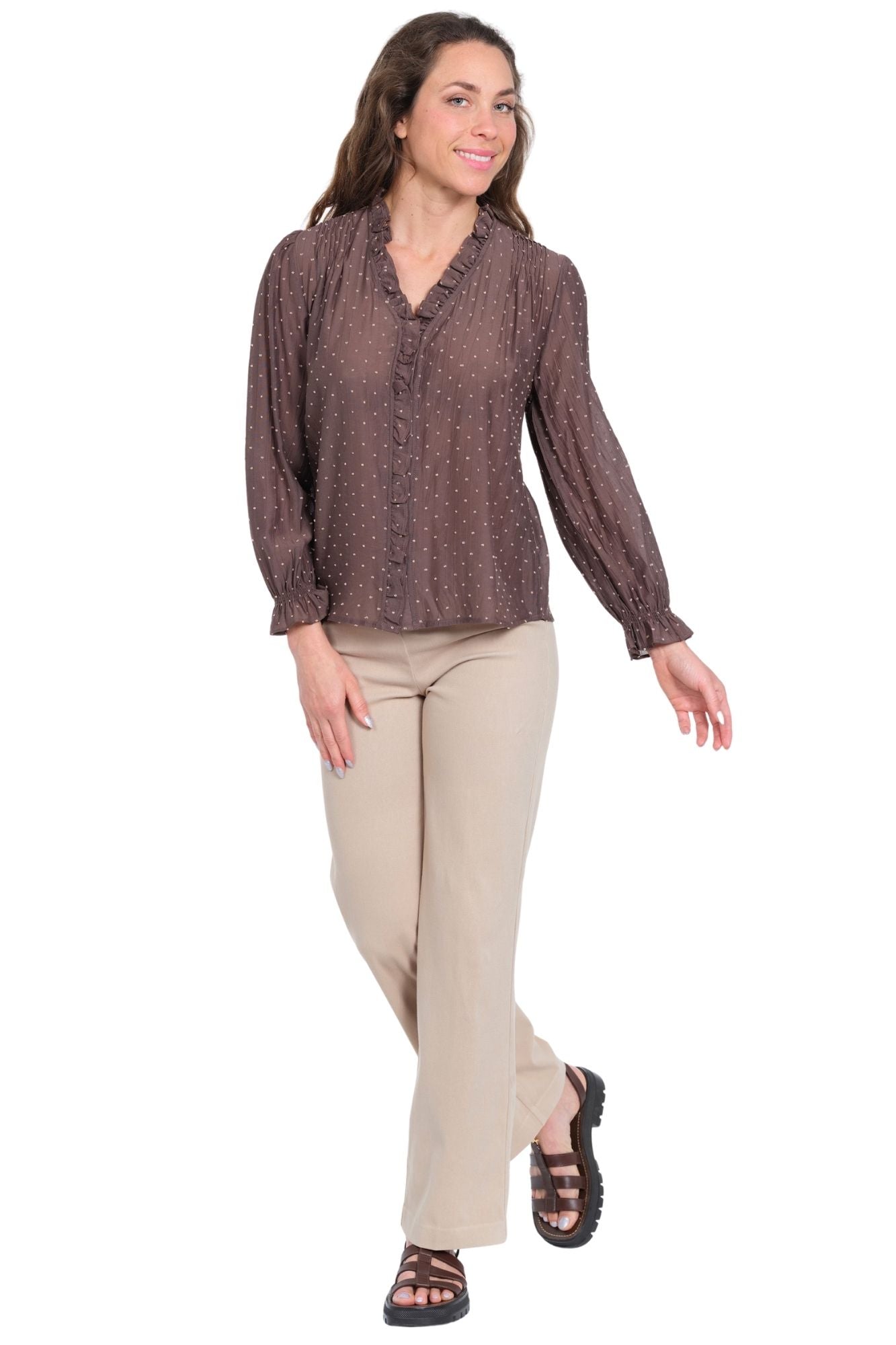 LIOR women's taupe polka dot blouse with button front and ruffle cuffs