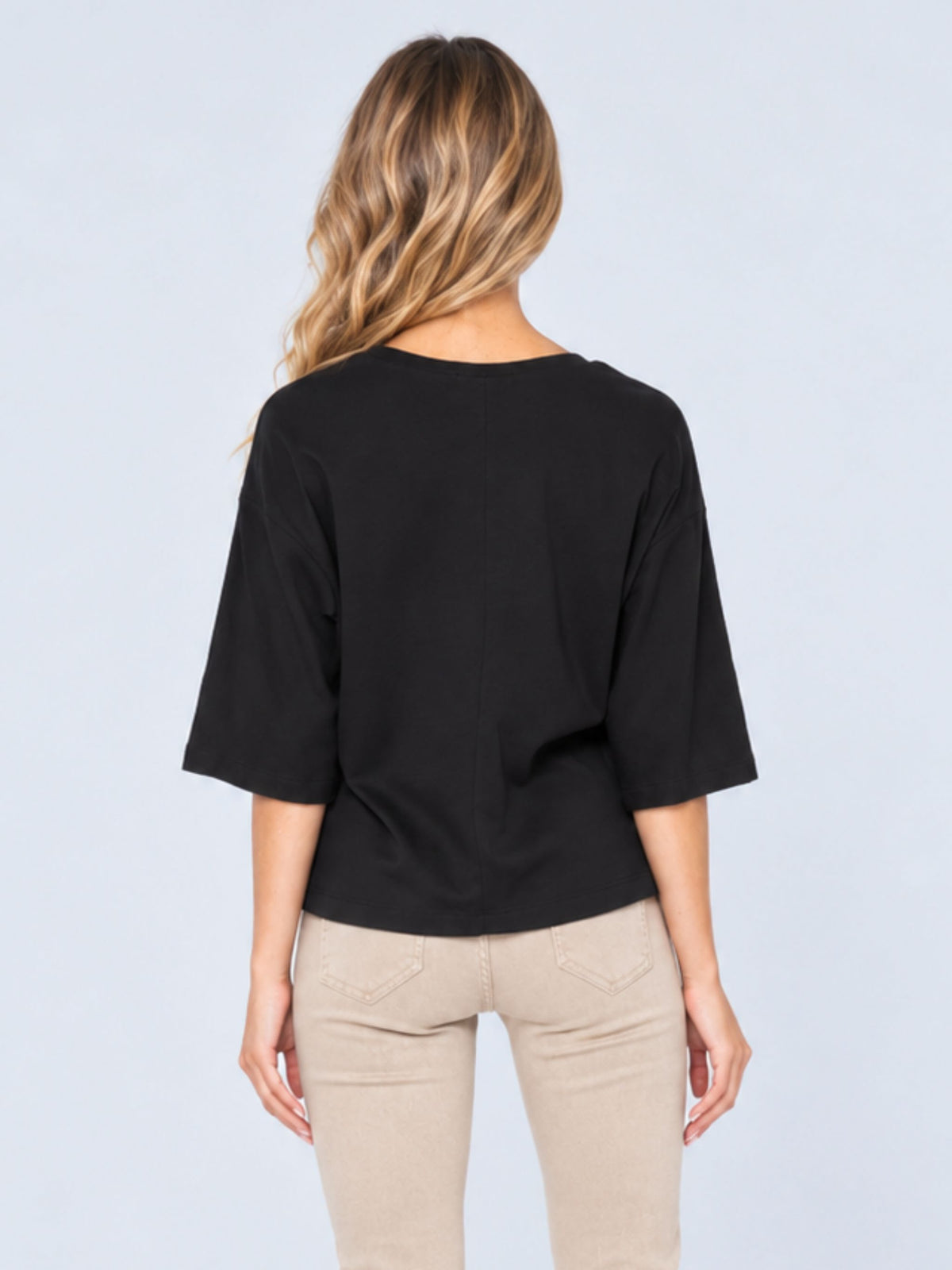 Women's Black 100% Cotton V -Neck 3/4 Bell Sleeve Top - Relaxed Fit