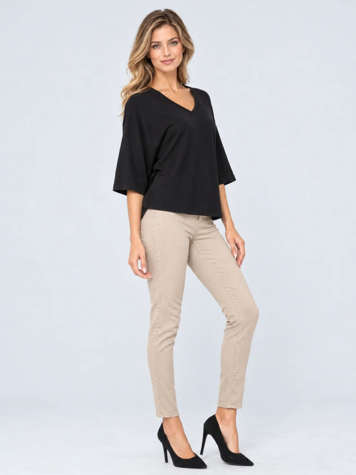 Women's Black 100% Cotton V -Neck 3/4 Bell Sleeve Top - Relaxed Fit