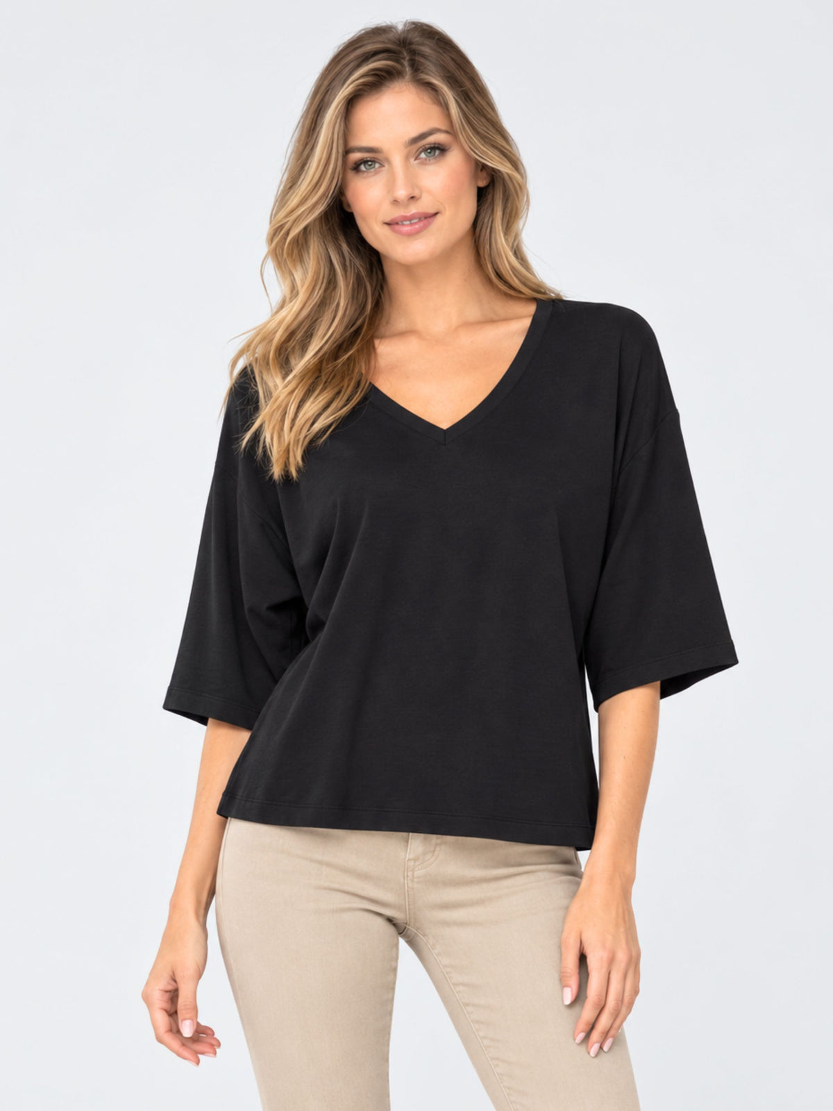 Women's Black 100% Cotton V -Neck 3/4 Bell Sleeve Top - Relaxed Fit