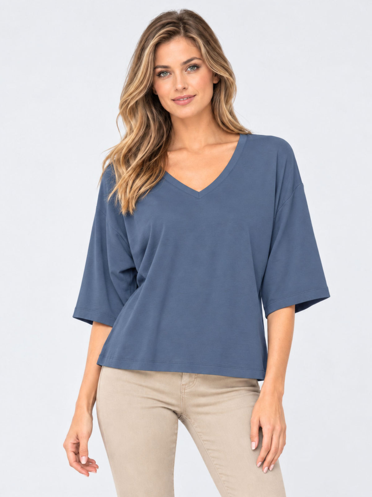 Women's Indigo 100% Cotton V -Neck 3/4 Bell Sleeve Top - Relaxed Fit