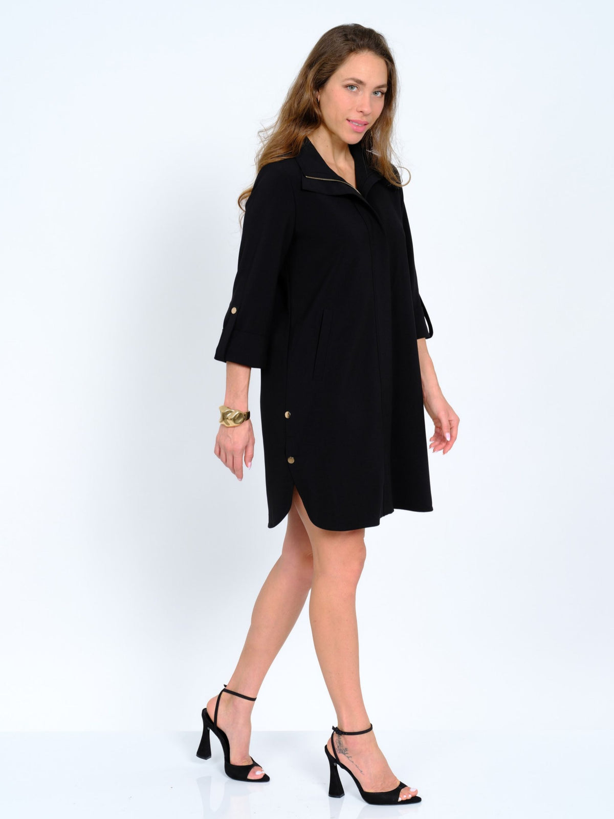 Women's Collared Soft Knit Black Zip Front Knee Length Dress - "Milo"
