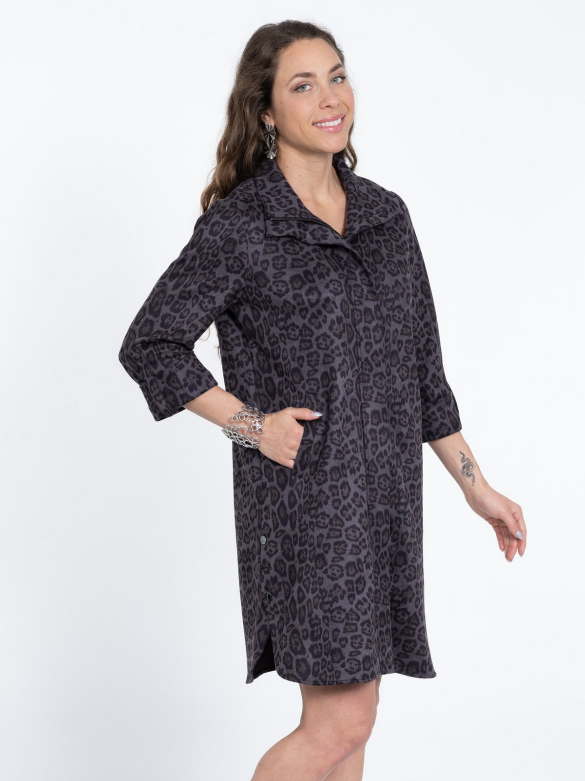 Women's Soft Knit Leopard Zip Front Knee Length Dress - "Milo"