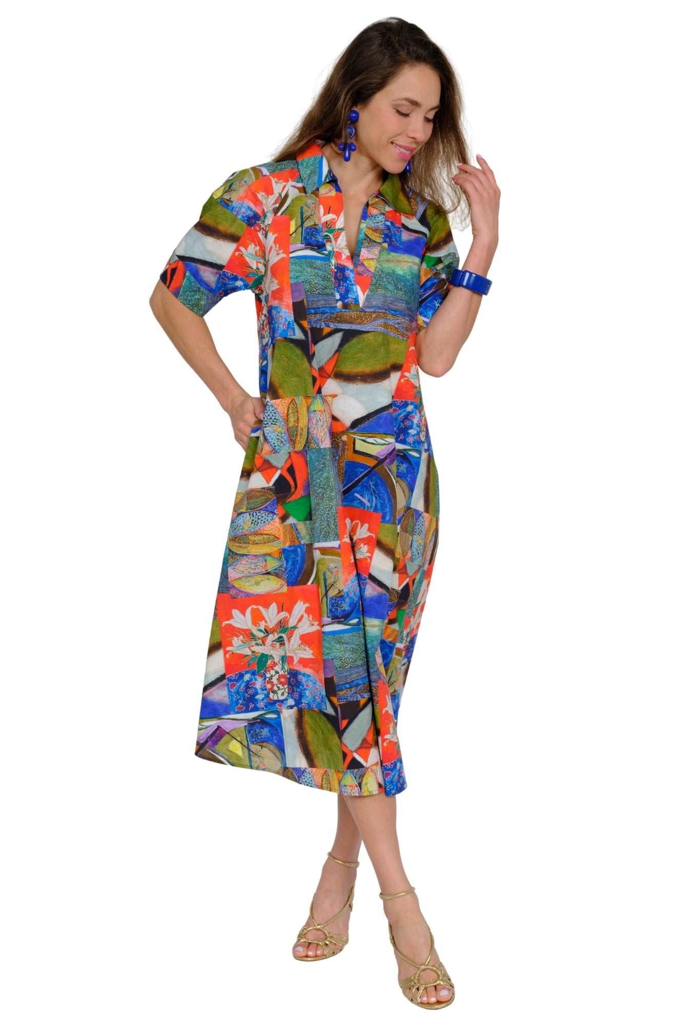 Art print summer vacation maxi dress for women with floral collage design