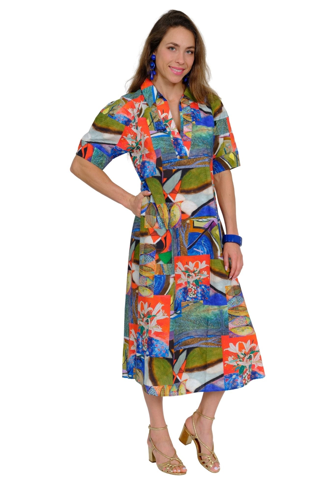Floral collage print maxi dress for women in colorful abstract patterns