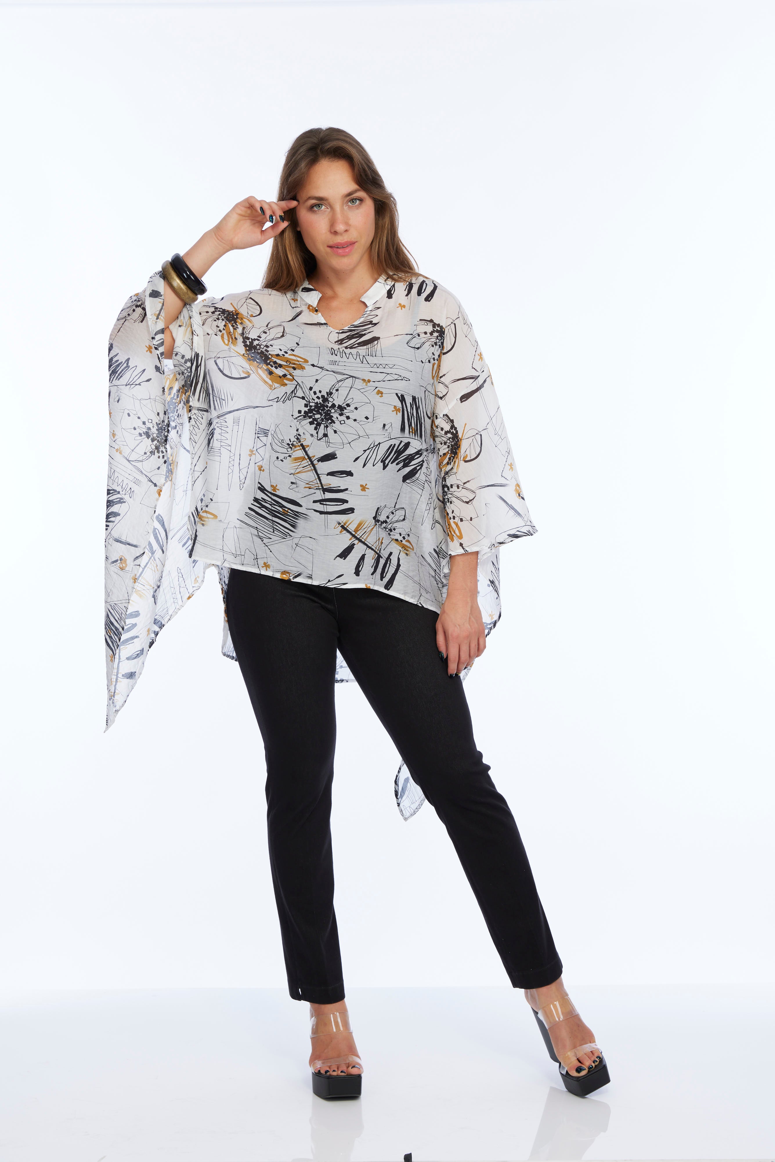 Women's 2 Size Sheer Scribble Print Flowy Blouse - "Maya"