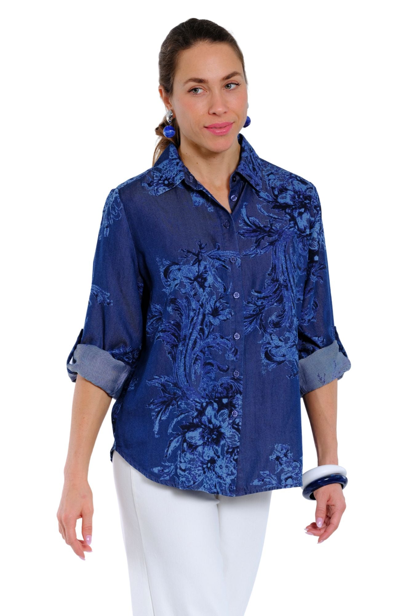 Lightweight indigo floral shirt for women ideal for travel and everyday use