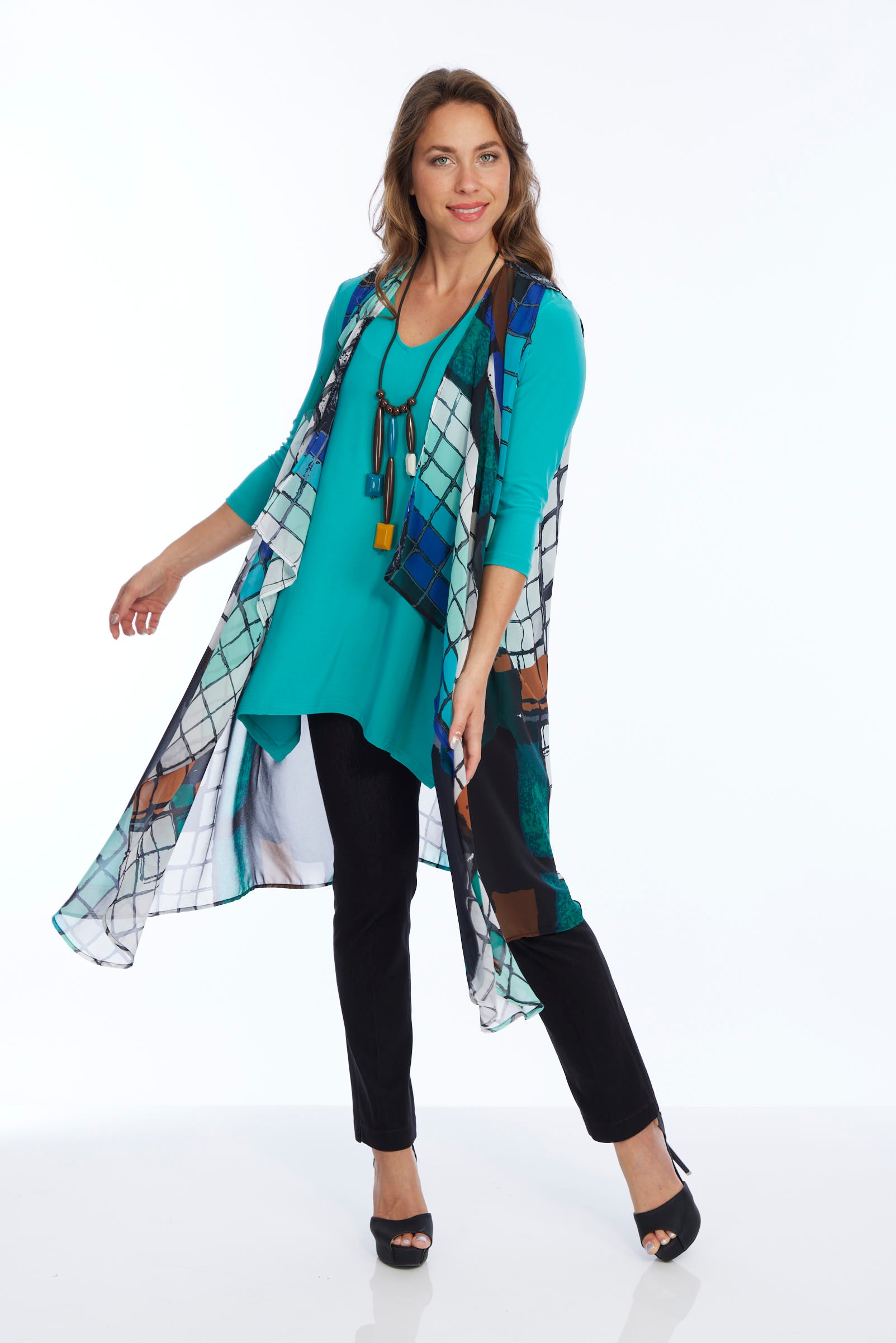 womens' long sheer turquoise vest